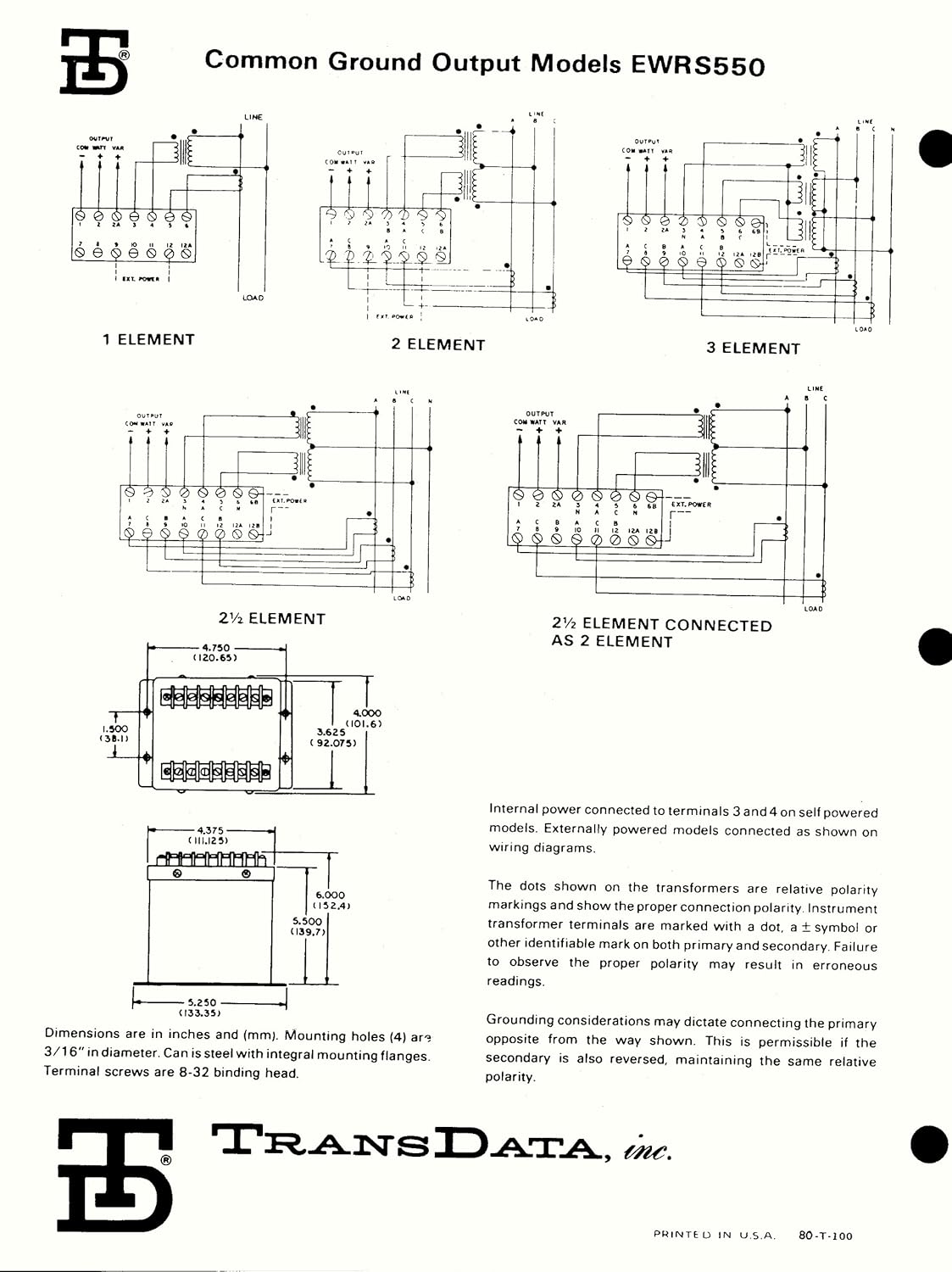 25EWRS550 Watt/VAR 2 1/2 Element +/-1mA Output Transducer 1500 Fullscale Calibrating Watts VARS with Calibration Certificate