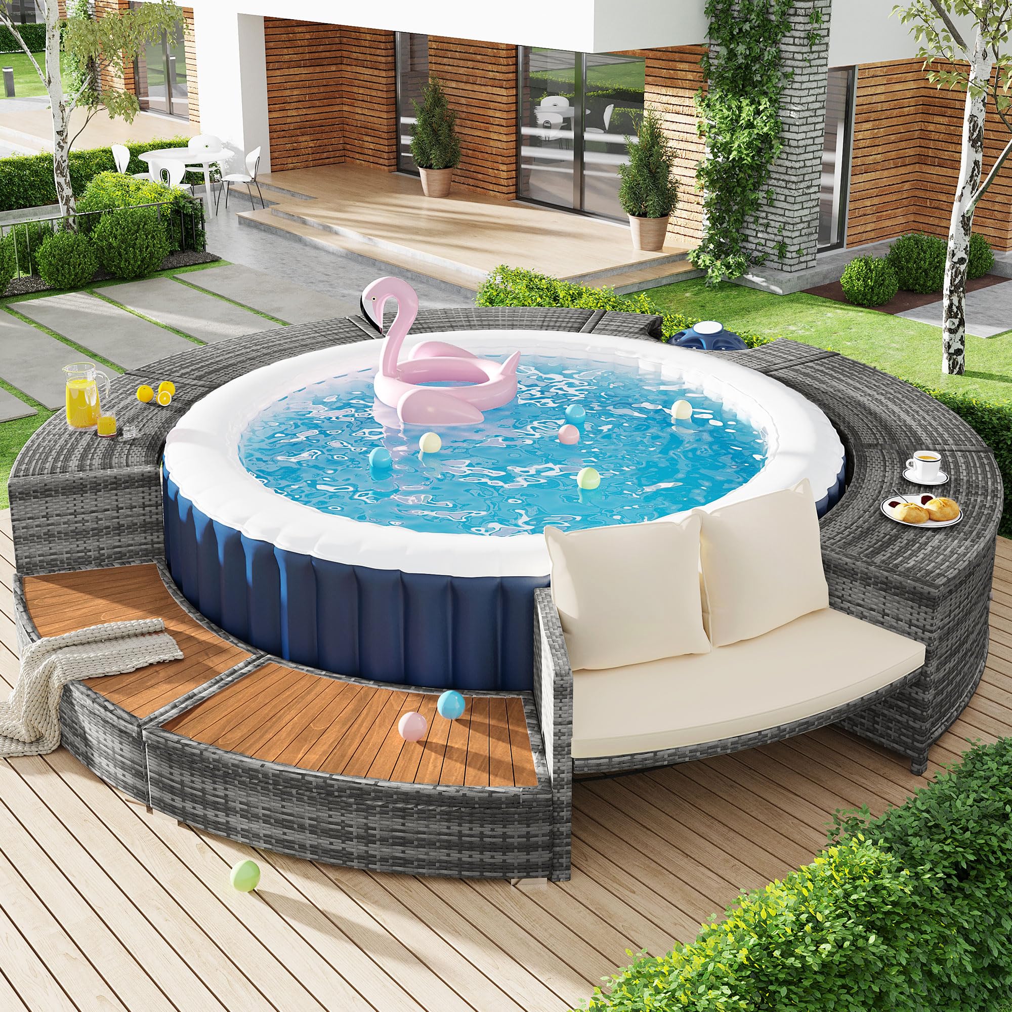 Set de salón de jardín Shye con sofá redondo, juego de muebles de jardín, set de salón, para jacuzzi y piscina, con patas ajustables, incluye cojines, muebles para terraza, jardín o área de piscina