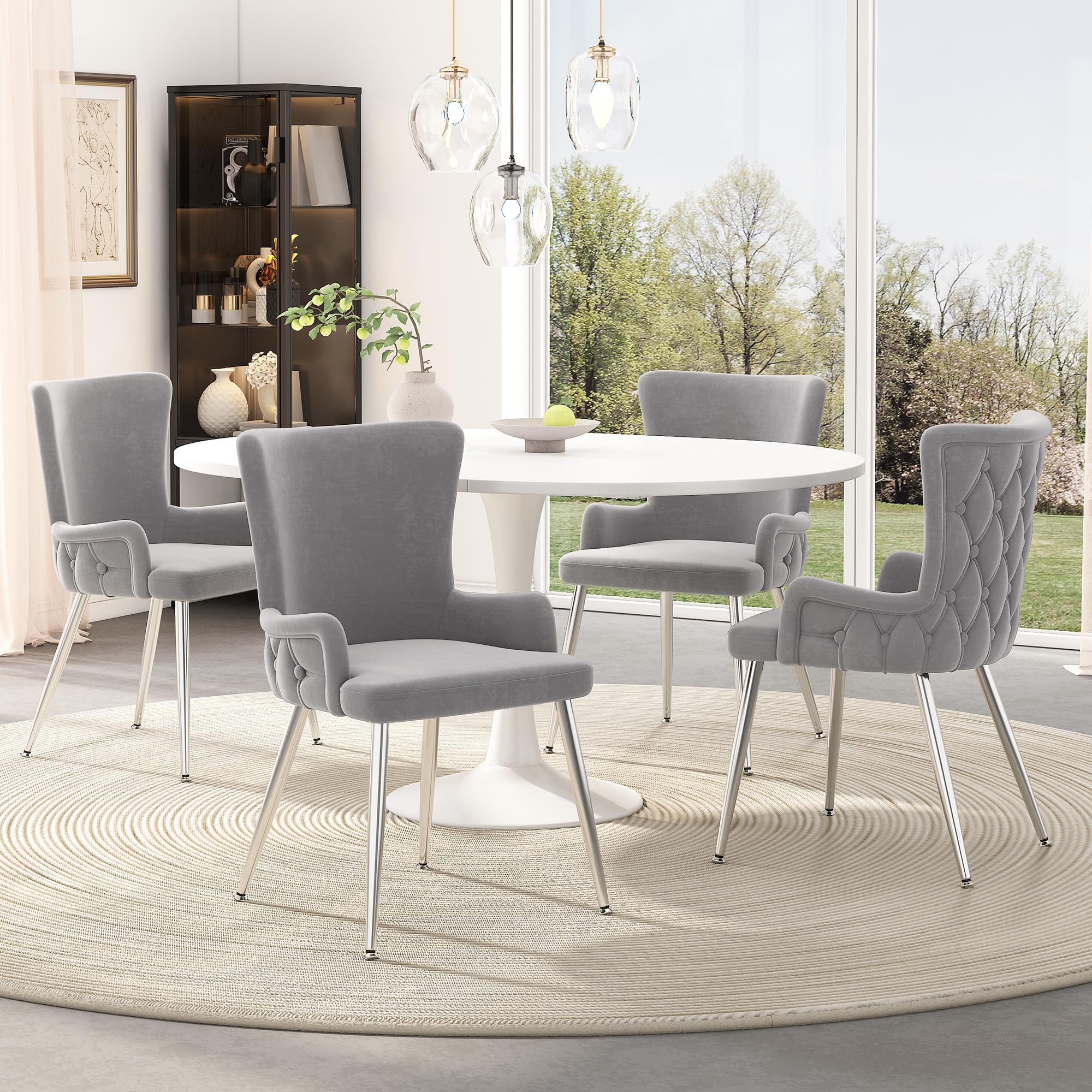 Bladez Juego de 4 sillas de comedor de terciopelo, sillas de salón con patas de metal, color beige (4, gris y plateado, 47 x 49 x 85)
