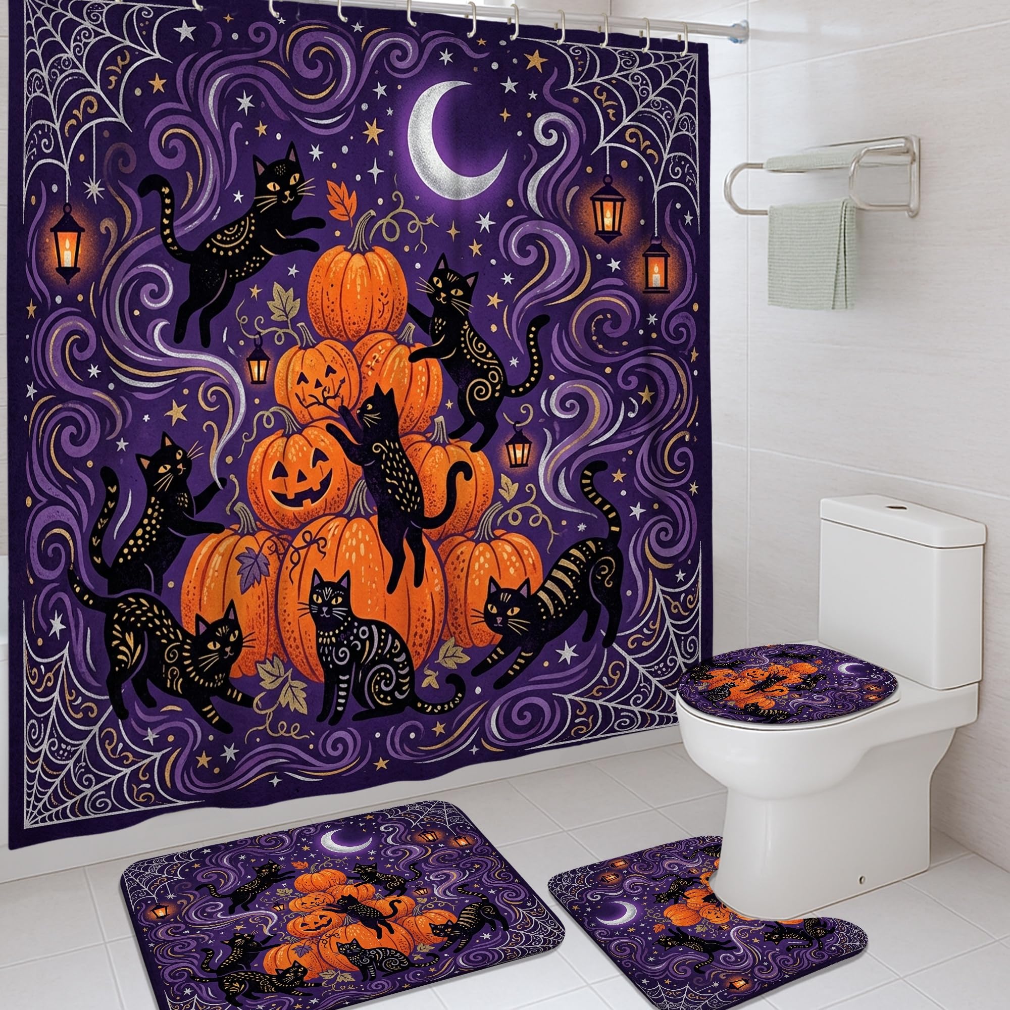 Rideau de douche citrouilles et chat d'Halloween pour une ambiance de bain automnale