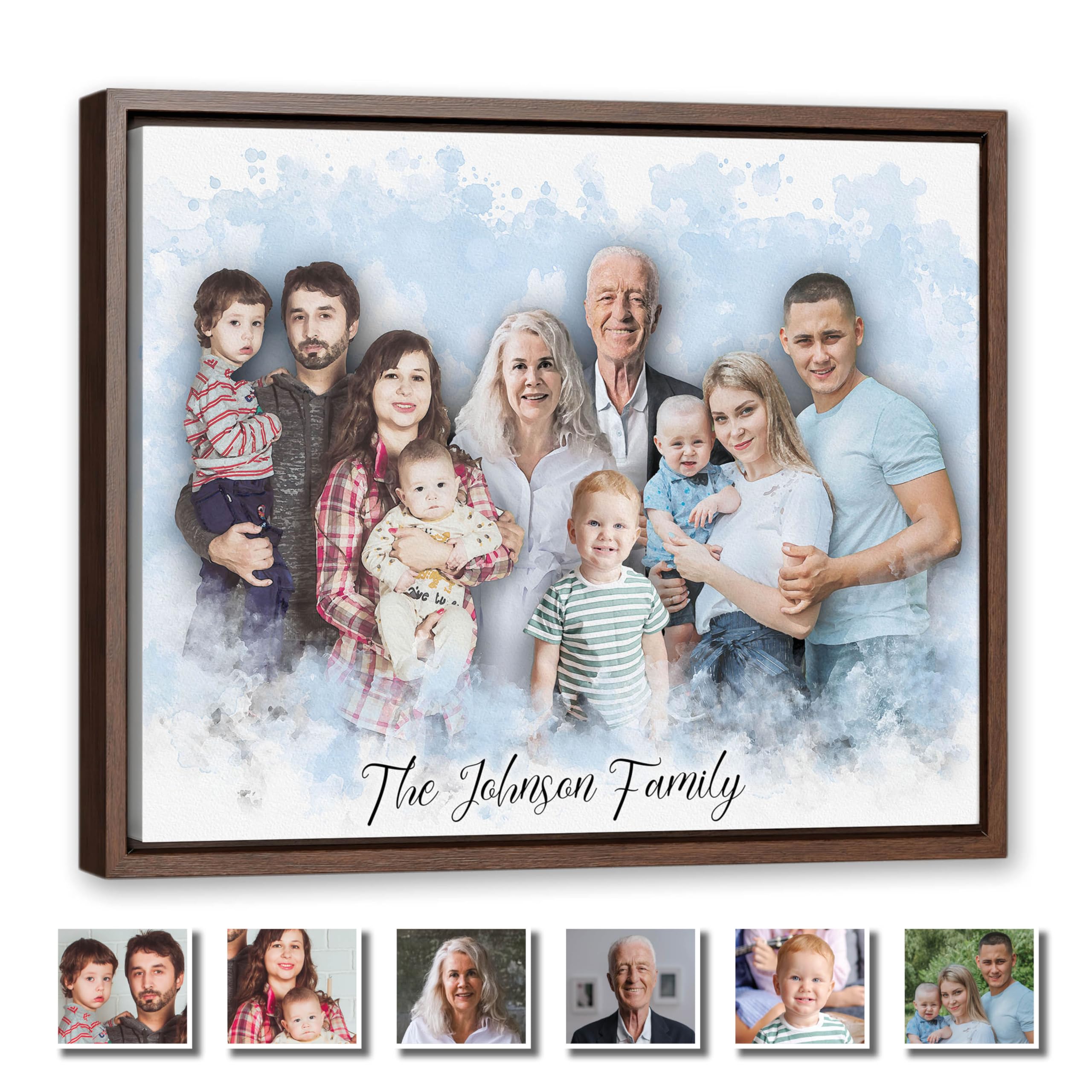 Personalized Family Canvas Wall Art From Multiple Photos Merge People Into One Picture Custom Watercolor Portrait Collage Unique Birthday Gift For Grandparents Parents Handcrafted Framed Artwork