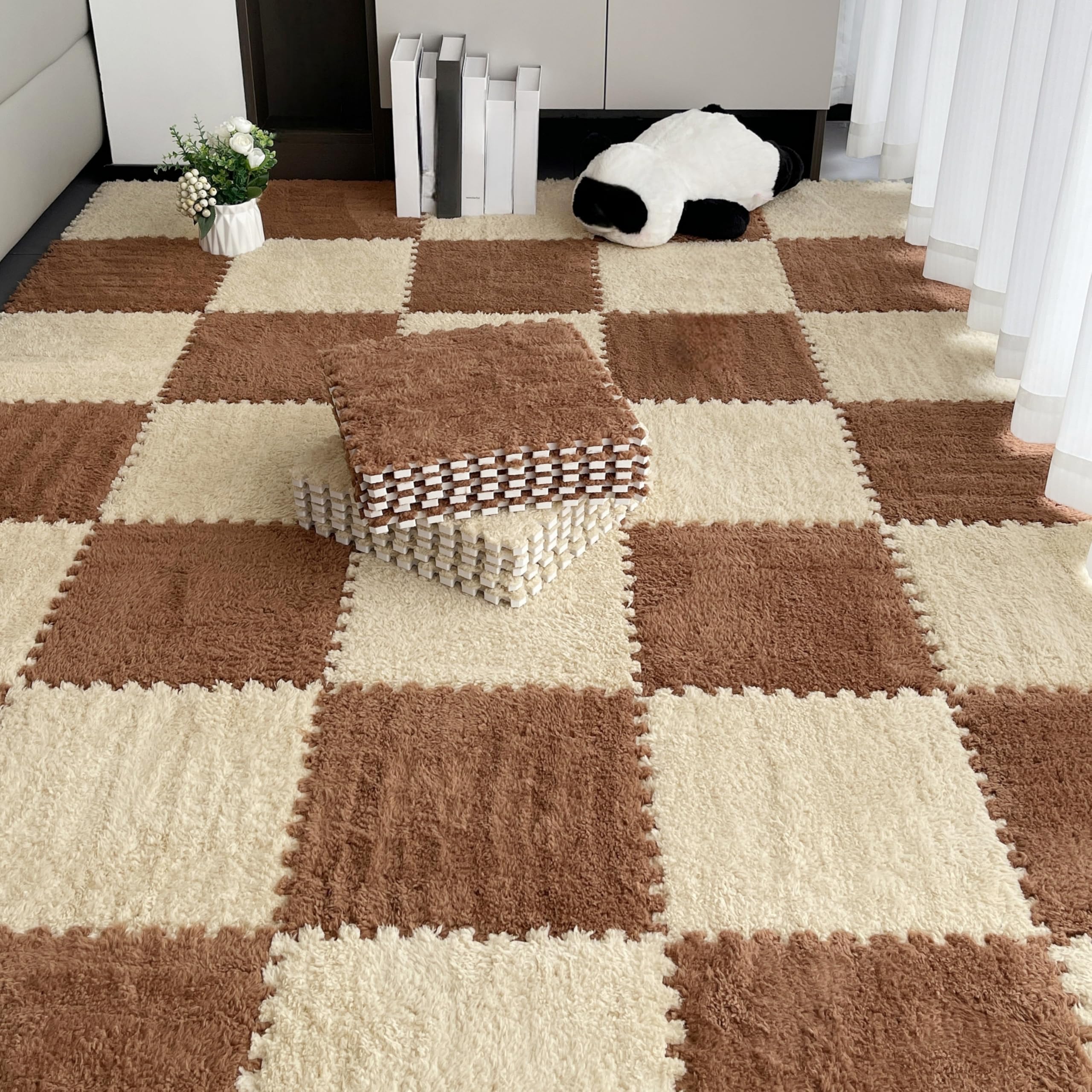 12pcs Carpet Squares Puzzle Floor Mat, Plush Interlocking Carpet Tiles, Anti Slip EVA Foam Jigsaw Floor Tiles, Build A Safe Area for Bedroom Playroom (Beige+Coffee) — image 1