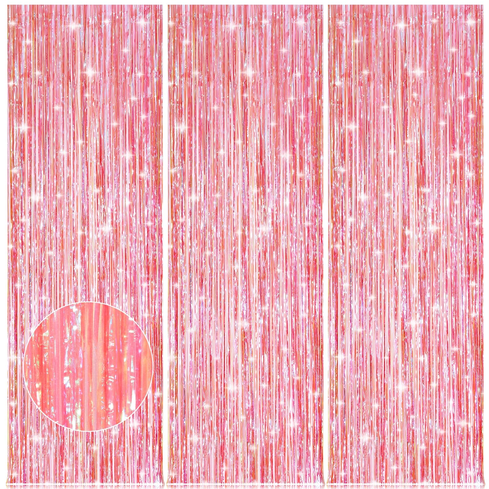 Accevo 3Pack Neon Pink Party Streamers 3.2x8.2 Feet Metallic Foil Fringe Curtains Tinsel Streamers Party Decor Photo Booth for Baby Shower Birthday Wedding Christmas Valentine's Day Party Decorations