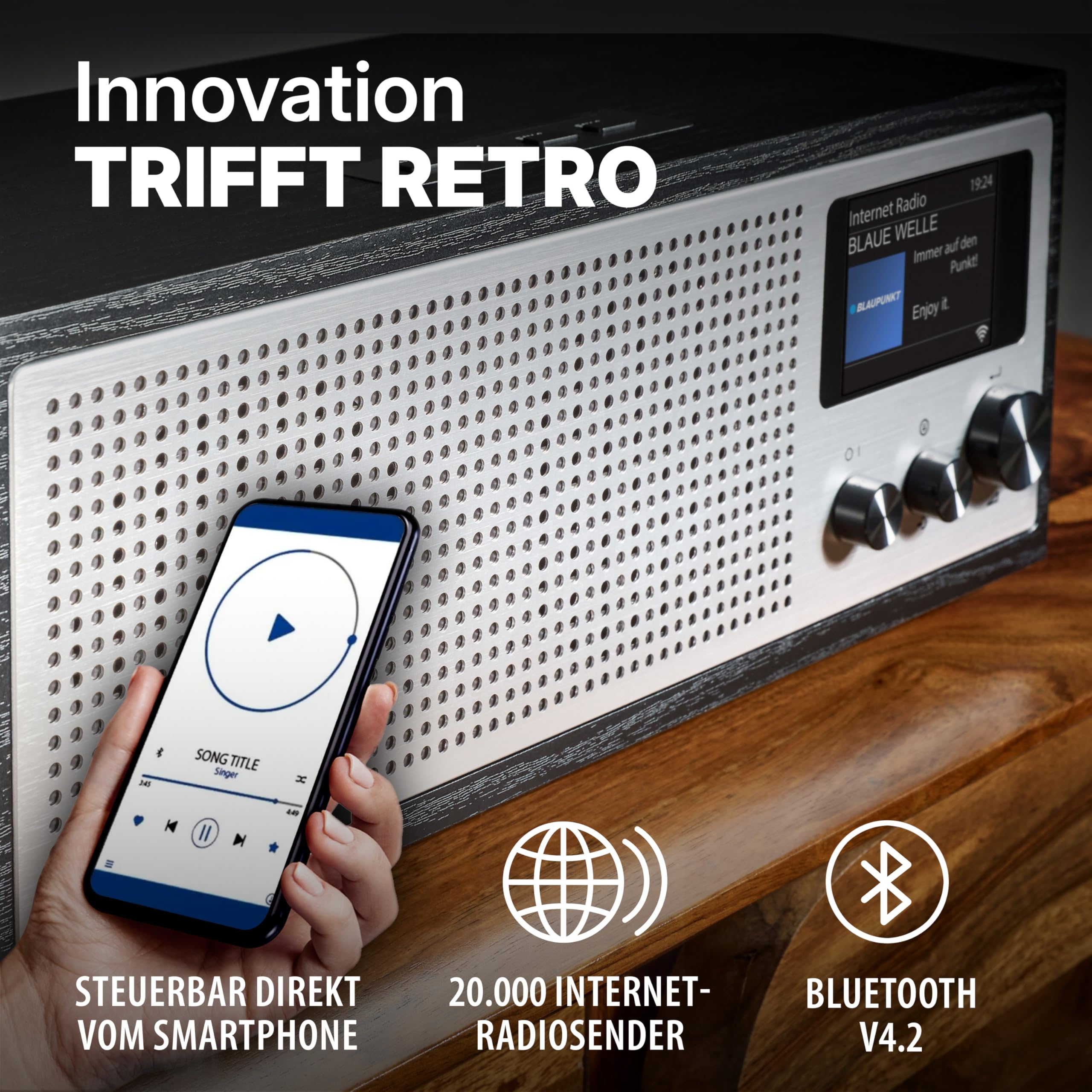 Blaupunkt Napoli 400 Internetradio, DAB+ Radio WLAN, Stereo Radio Retro Design, WiFi/WLAN mit Bluetooth & LC-Farbdisplay, Internetradio Stereo für Küche Wohnzimmer