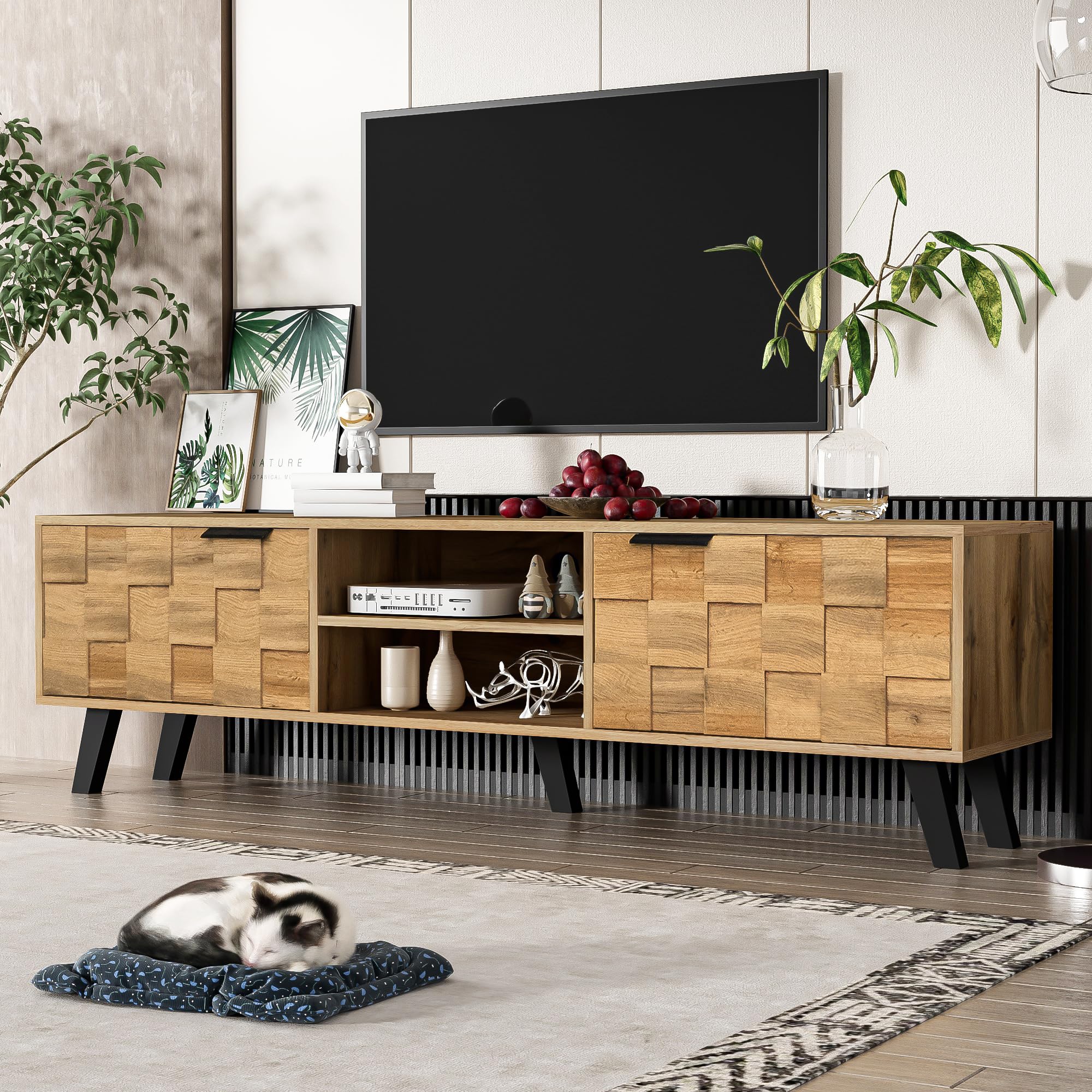 FammyLoft Modern TV Cabinet with Storage Space, TV Stand Unit with 2 Doors and 2 Open Shelves, TV Table for Living Room, 160.5 * 35.5 * 45 cm, Wood