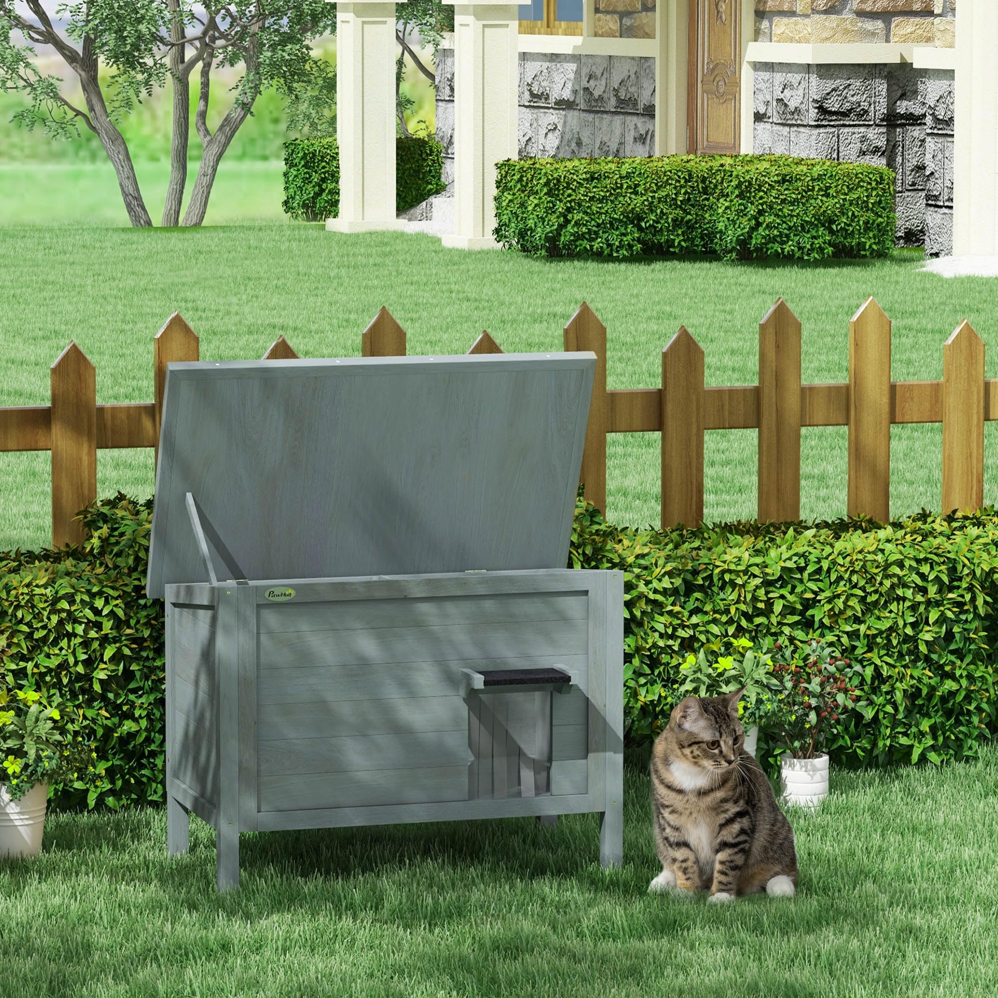 PawHut Maison pour Chats Niche d'extérieur en Bois surélevée avec Toit ouvrable, isolée avec Toit Asphalte, 85 x 50 x 68,5 cm, Gris foncé et Noir