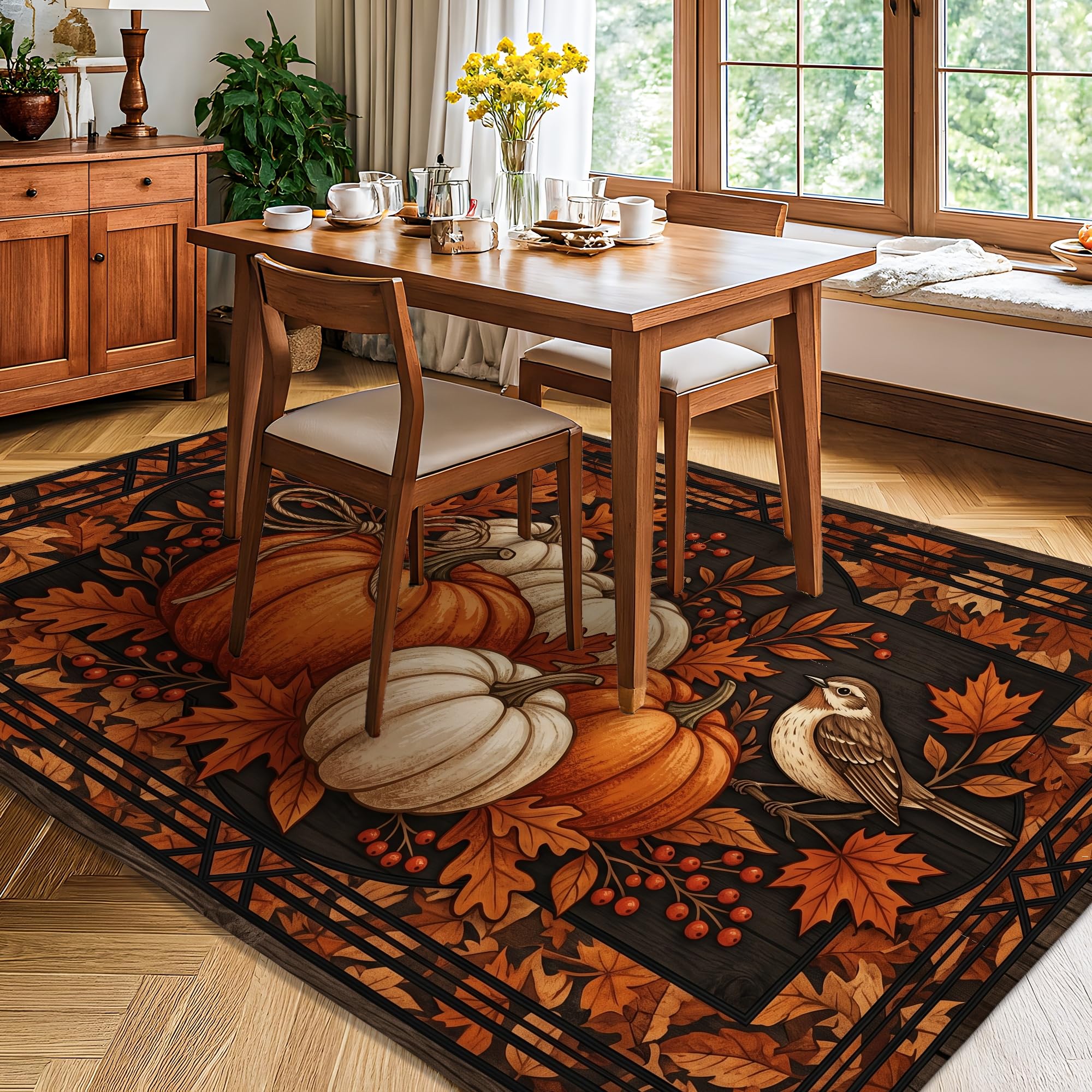 Alfombra rústica tradicional con diseño de calabazas, hojas, pájaros, otoño, naranja, antideslizante, suave, rectangular, resistente a las manchas, para sala de estar, dormitorio, aula, decoración de