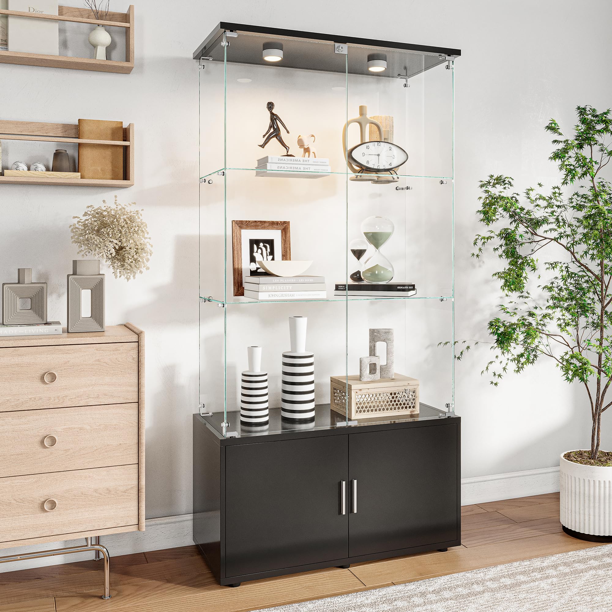 Vetrinetta in legno e vetro con illuminazione a LED, 4 ripiani e 2 ante con serratura, armadietto per esporre collezioni, libri e vini, nero (nero, 4 ante, 4 ripiani, con LED)
