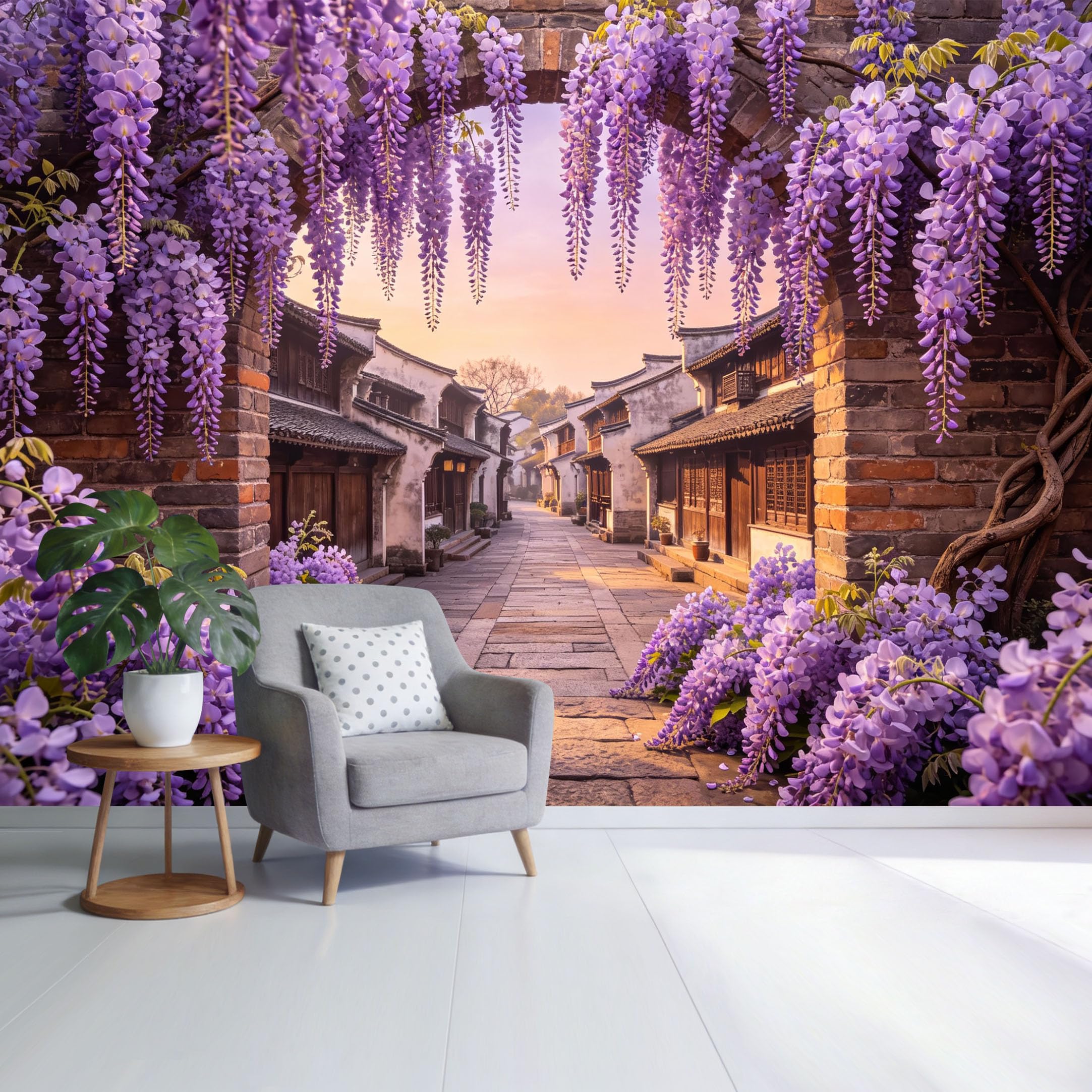 Custom Size Wall Mural Purple Wisteria Archway Old Town Street Landscape SelfAdhesive Wall Fabric Removable Wallpaper for Home Office Decor