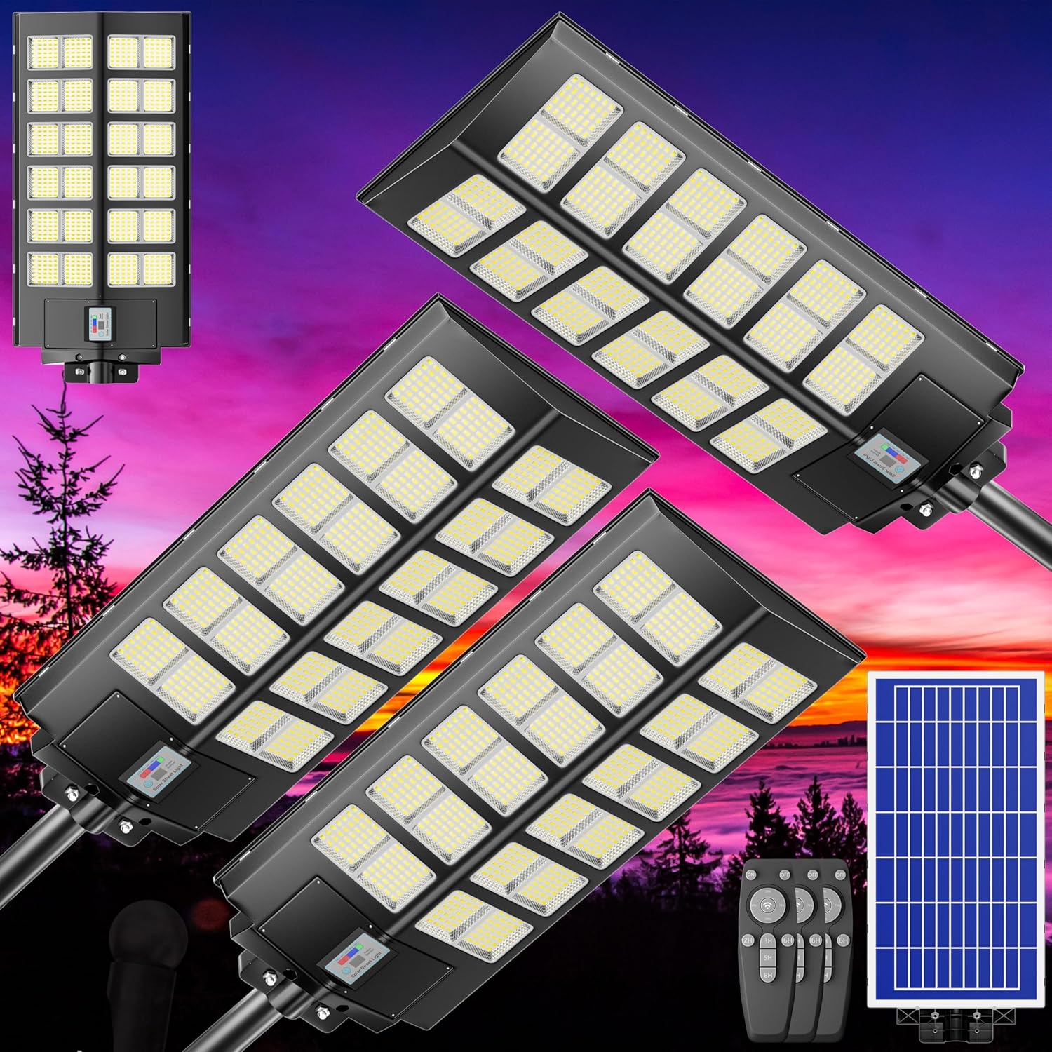 8000W 3-Pack Solar Street Lights Outdoor, 240000LM, Dusk to Dawn, 7000K, IP67 Waterproof, Motion Sensor Parking Lot Lights for Garden,Pathway,High Efficiency LED Solar Street Lights