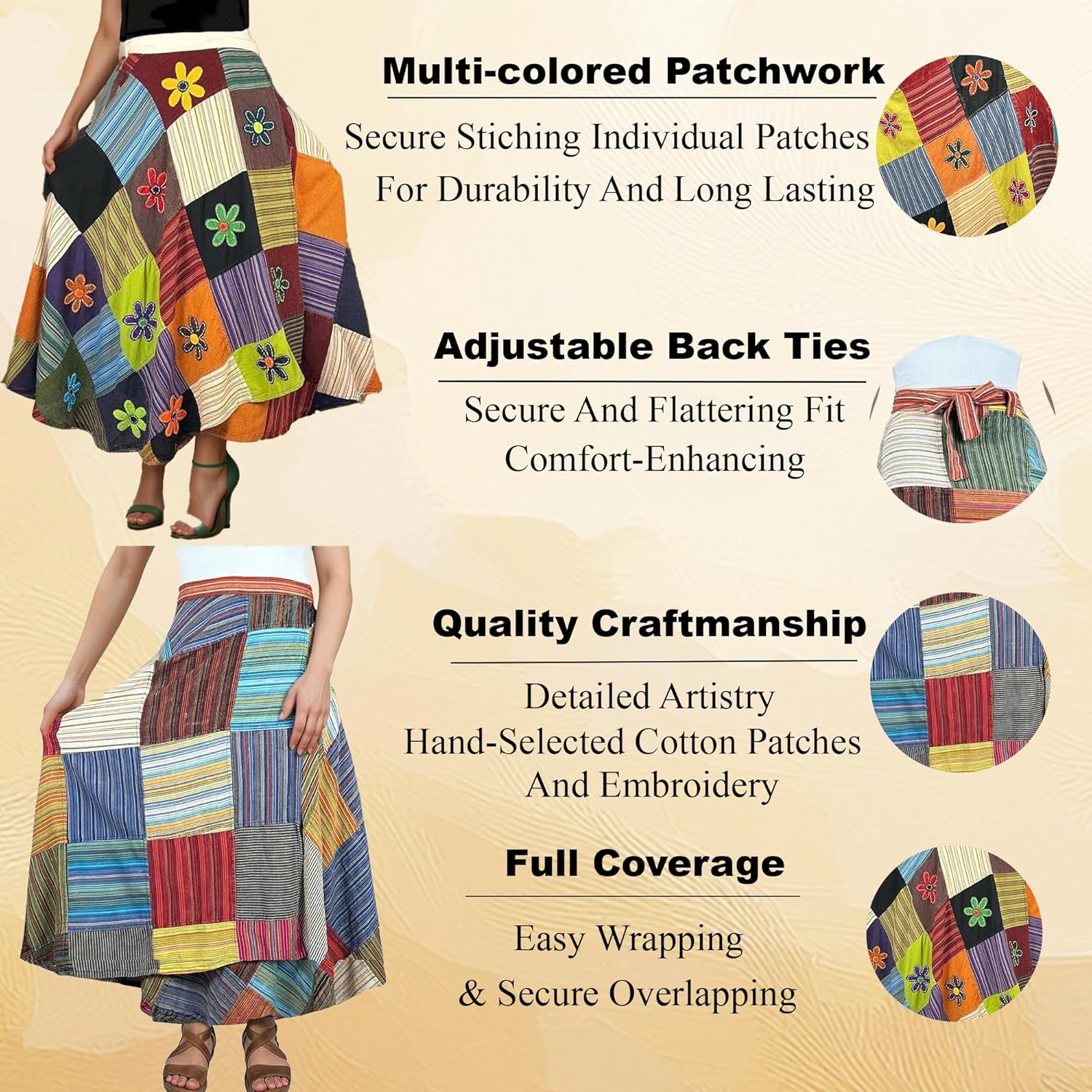 Agan Traders 2026 Long Flowy Maxi Skirts for Women – Elastic High Waist Wrap Trendy Skirt - Boho Tiedye Patched Women's Skirt - Image 7