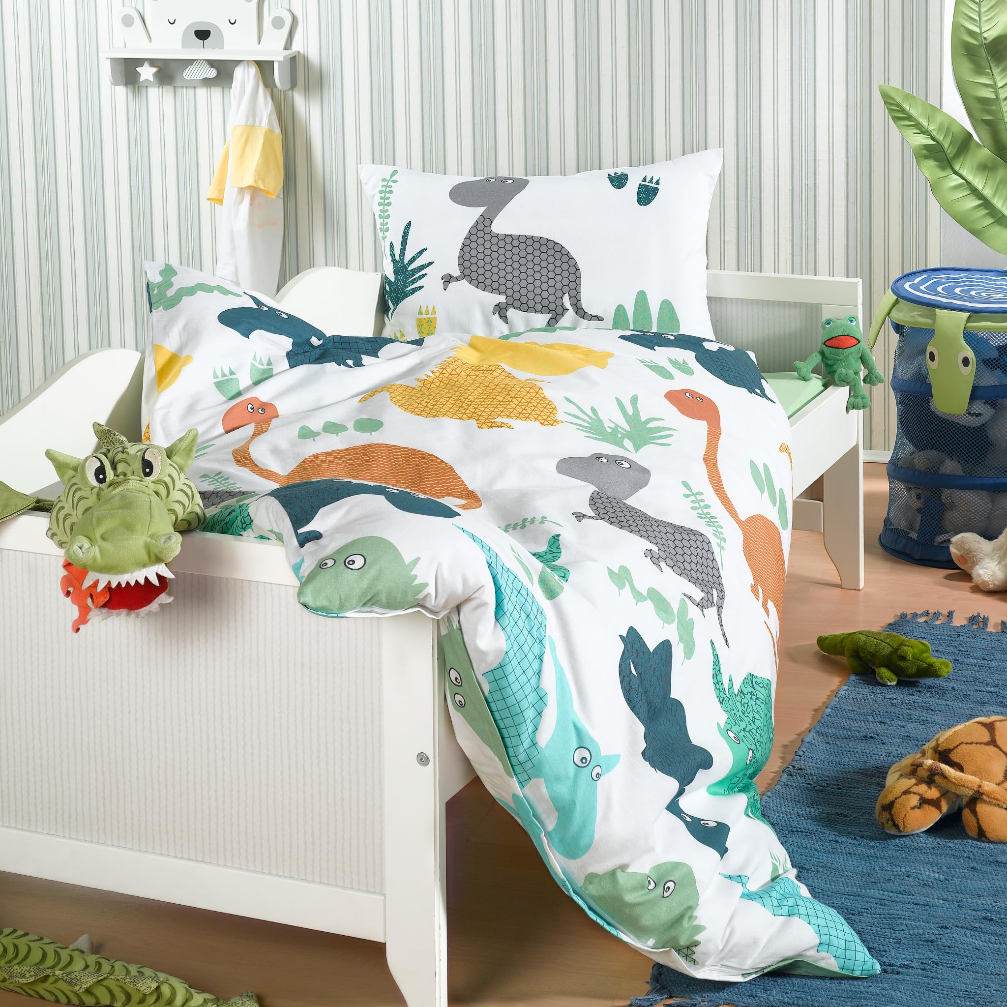 Parure de lit pour bébé et fille - 100 x 135 cm + 40 x 60 cm - 100 % coton renforcé - Fermeture éclair - Dinosaures - Multicolore