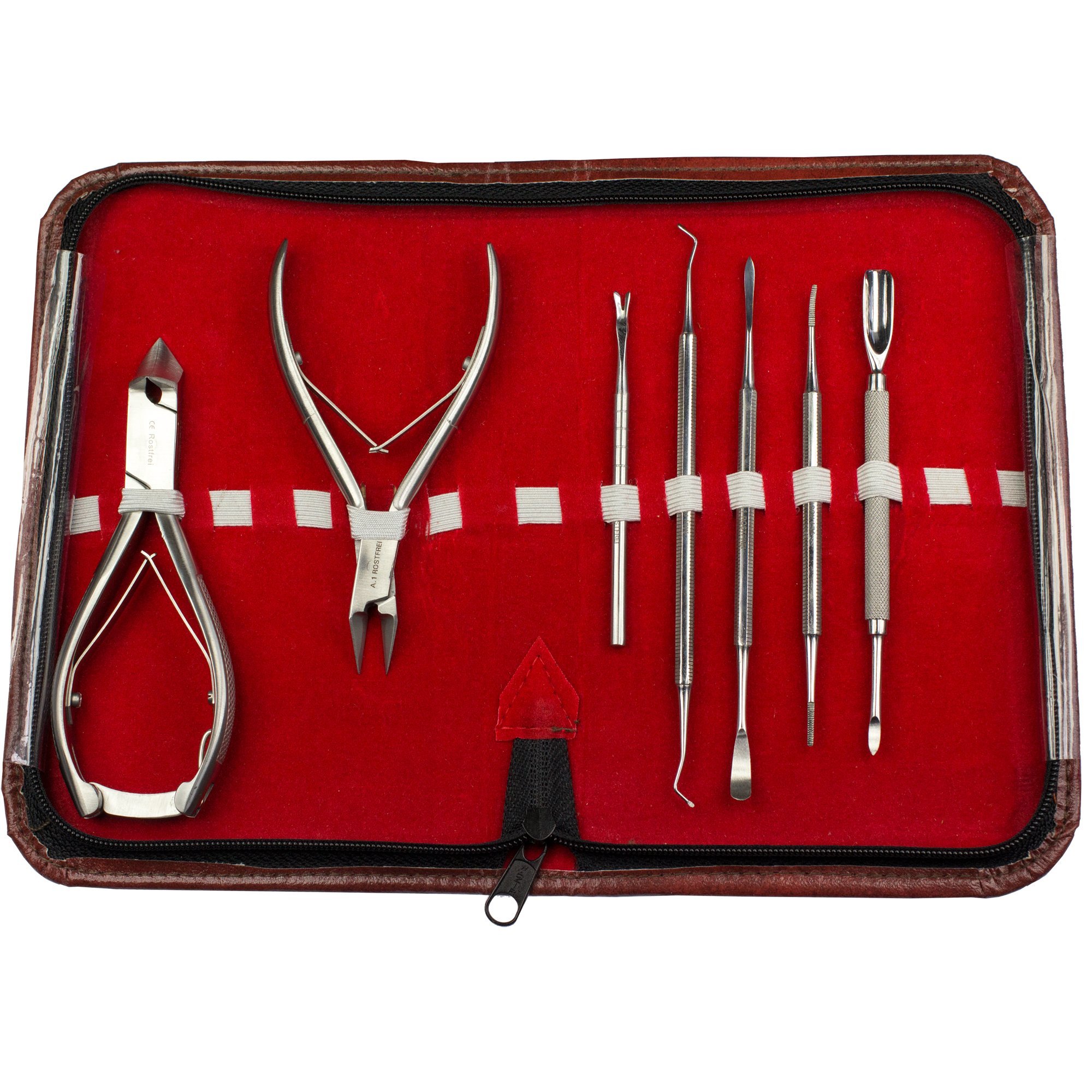 Pediküre-Set - Nagelpflege Etui aus Kunstleder - Farbe: Rot - 7-teilig - Nagelzange - Nagelschere - Hautschere - Nagelfeile - Eckenfeile - Nagelhautschieber