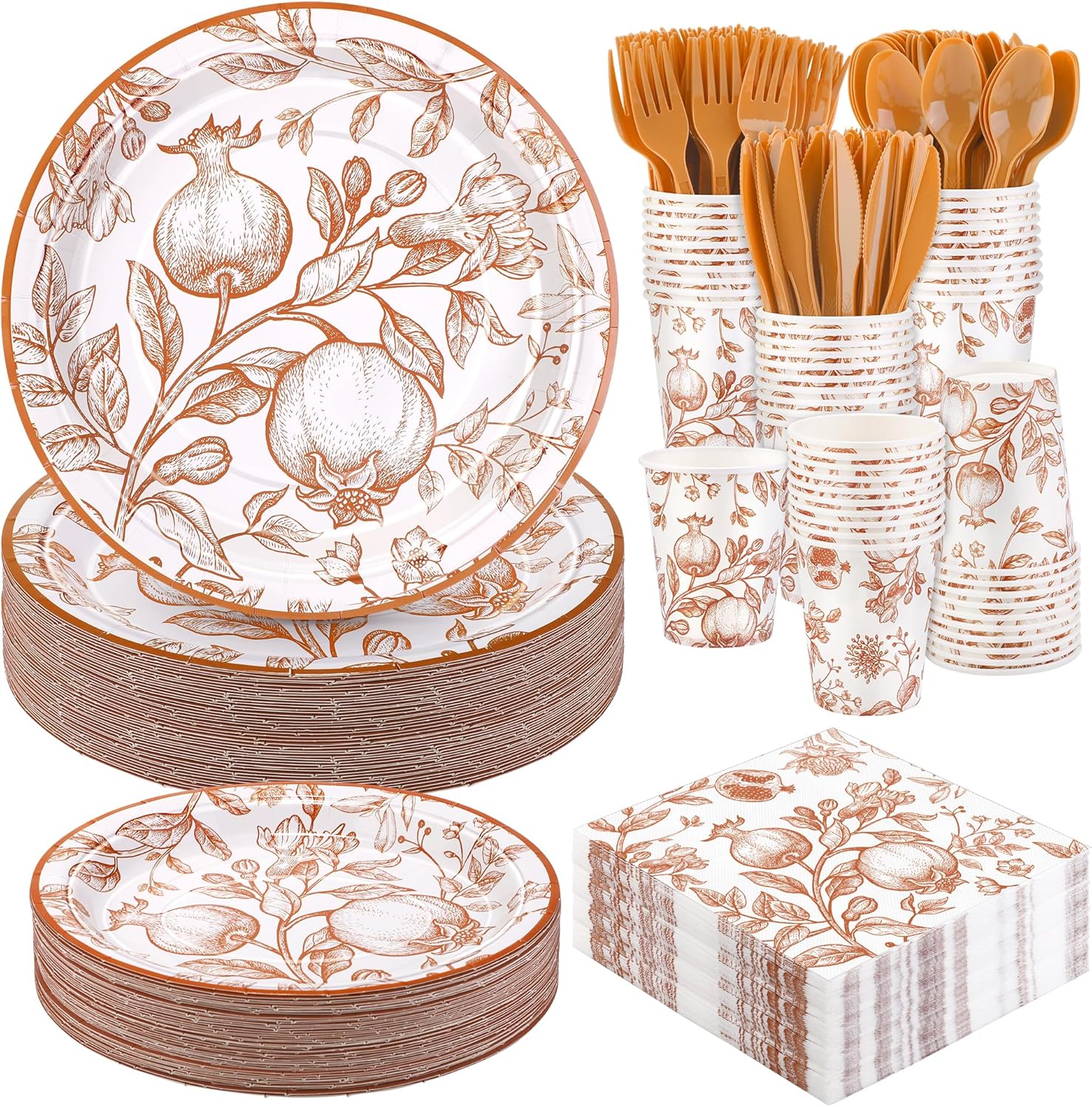 400 pieces fall vintage pomegranate disposable party tableware sets including orange floral plates cups napkins cutlery serves 50 for thanksgiving wedding baby shower party decorations