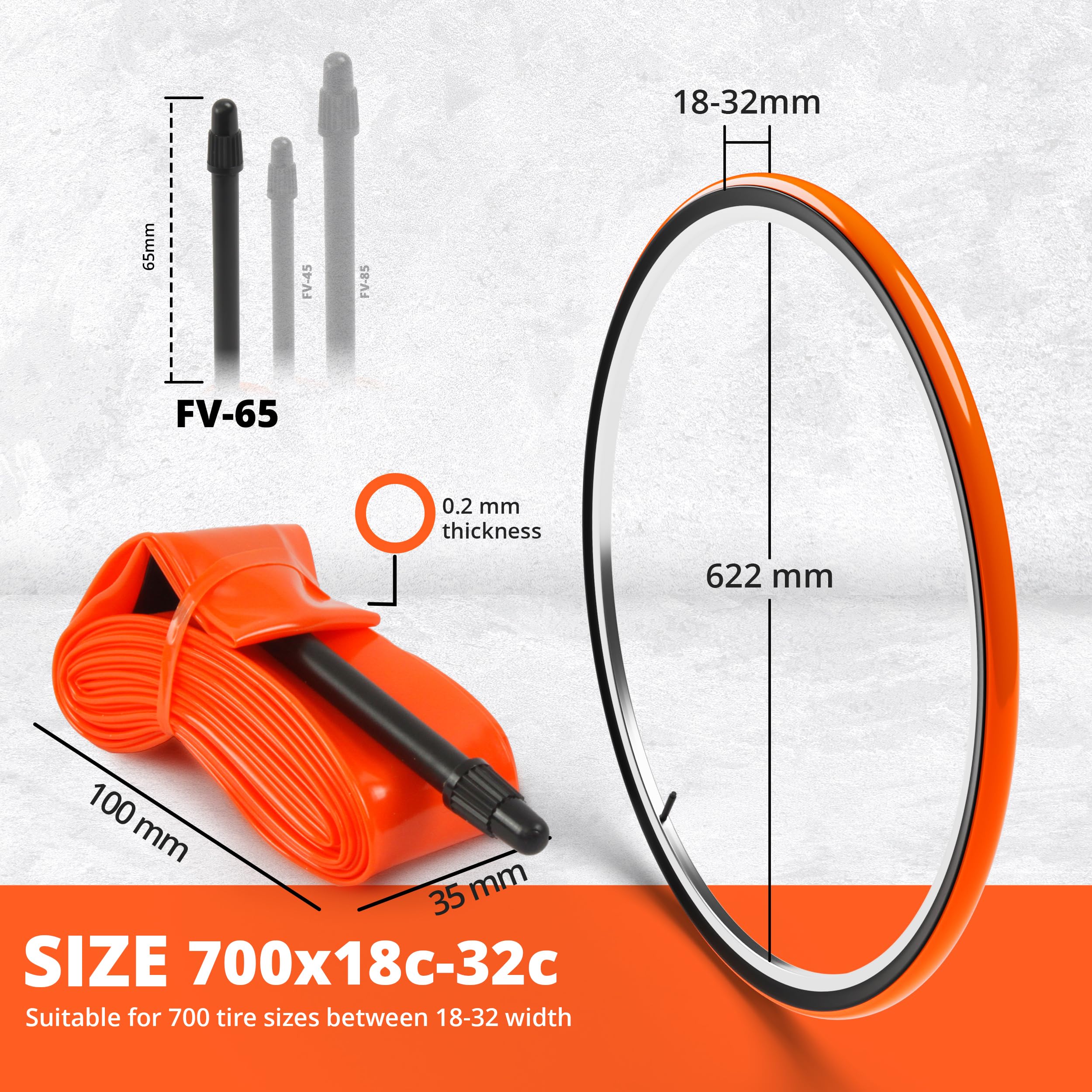 IMPALAPRO Ultralight Road Bike TPU Inner Tube 700C 28g 0.2mm Thick Compatible with 700x18/23/25/28/30/32C Presta Valve 45/65/85mm -Bicycle Inner Tube 700C (1Pc Valv 65mm)