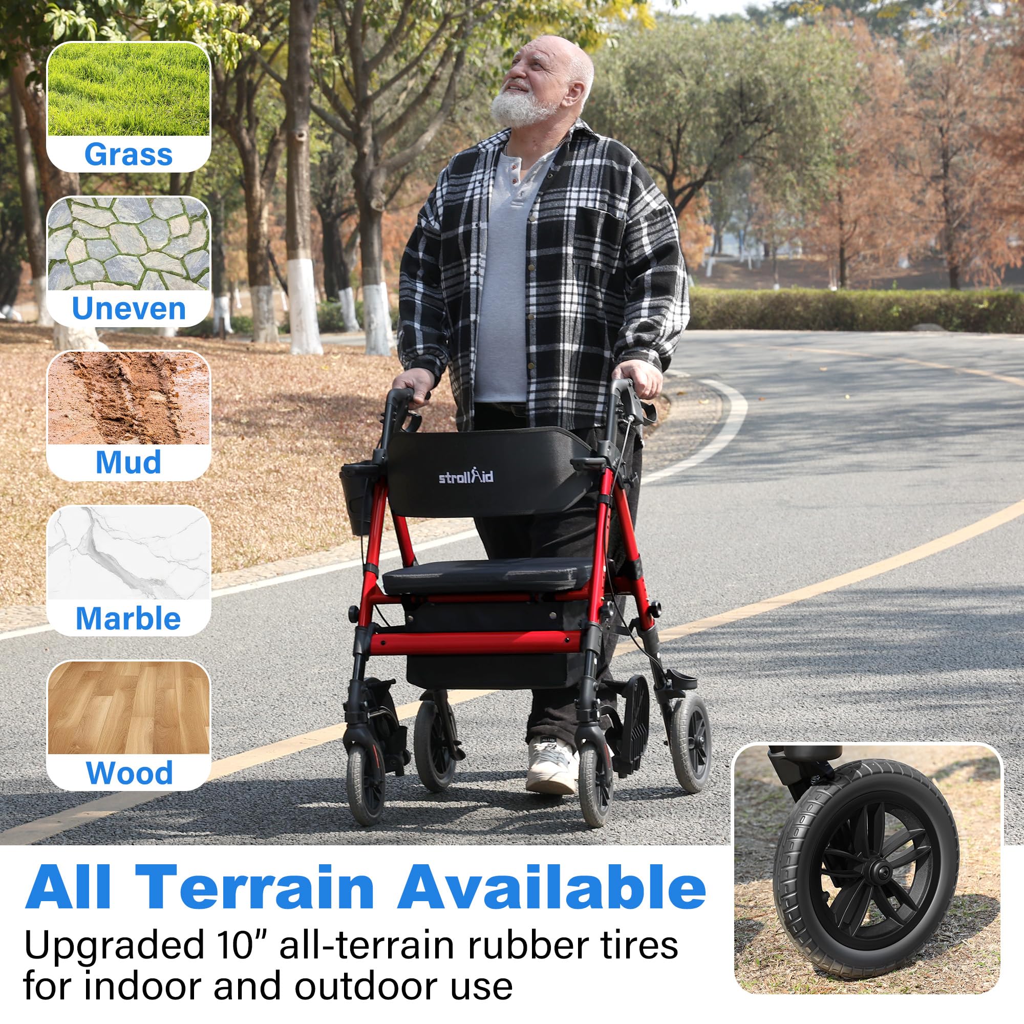 Heavy Duty Walkers for Seniors 2 in 1 Rollator Wheelchair Combo | 450 lb Capacity 10 All-Terrain Wheels Adjustable Seat & Handle Foldable Transport Chair with Seat Red product thumbnail 5