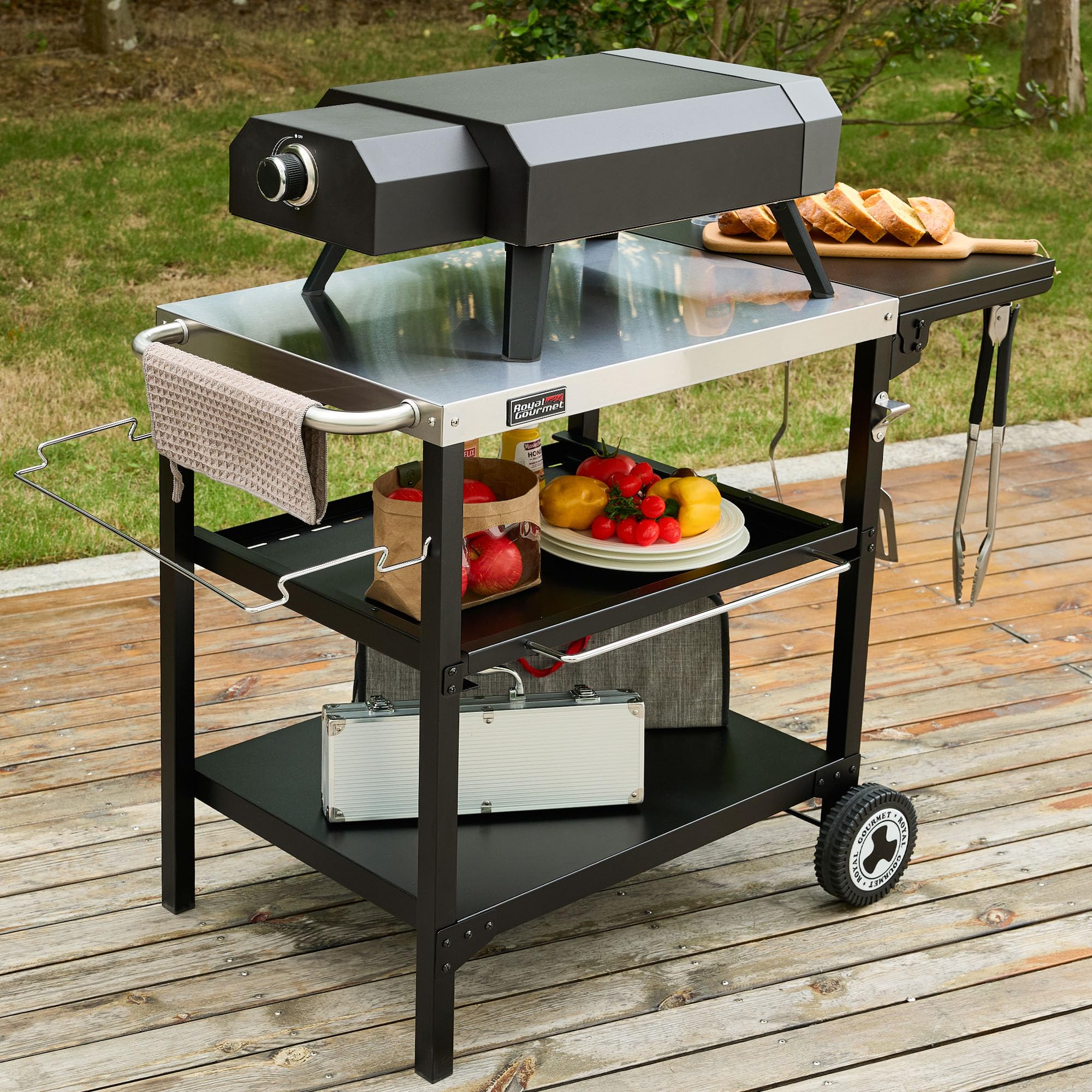 Royal Gourmet Outdoor Grilltisch, 3-Etagen Servierwagen mit 70 x 50 cm Edelstahl Tischplatte und 30 x 50 cm klappbarer Seitenablage, Beistelltisch Grillablagetisch Garten Trolley mit Push-Pull Regal
