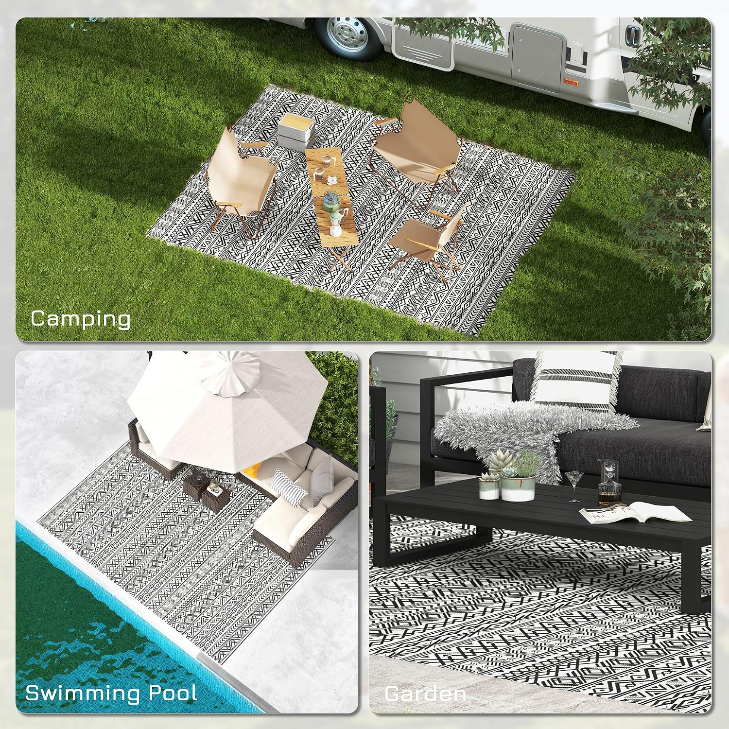 Outsunny Outdoor Rug for Patio, 9' x 12' Waterproof Large Mat, Reversible Plastic Straw Rug for Decor, Portable Outside RV Camping Area Carpet Mat for Backyard Porch Deck Picnic, Gray & Cream Boho
