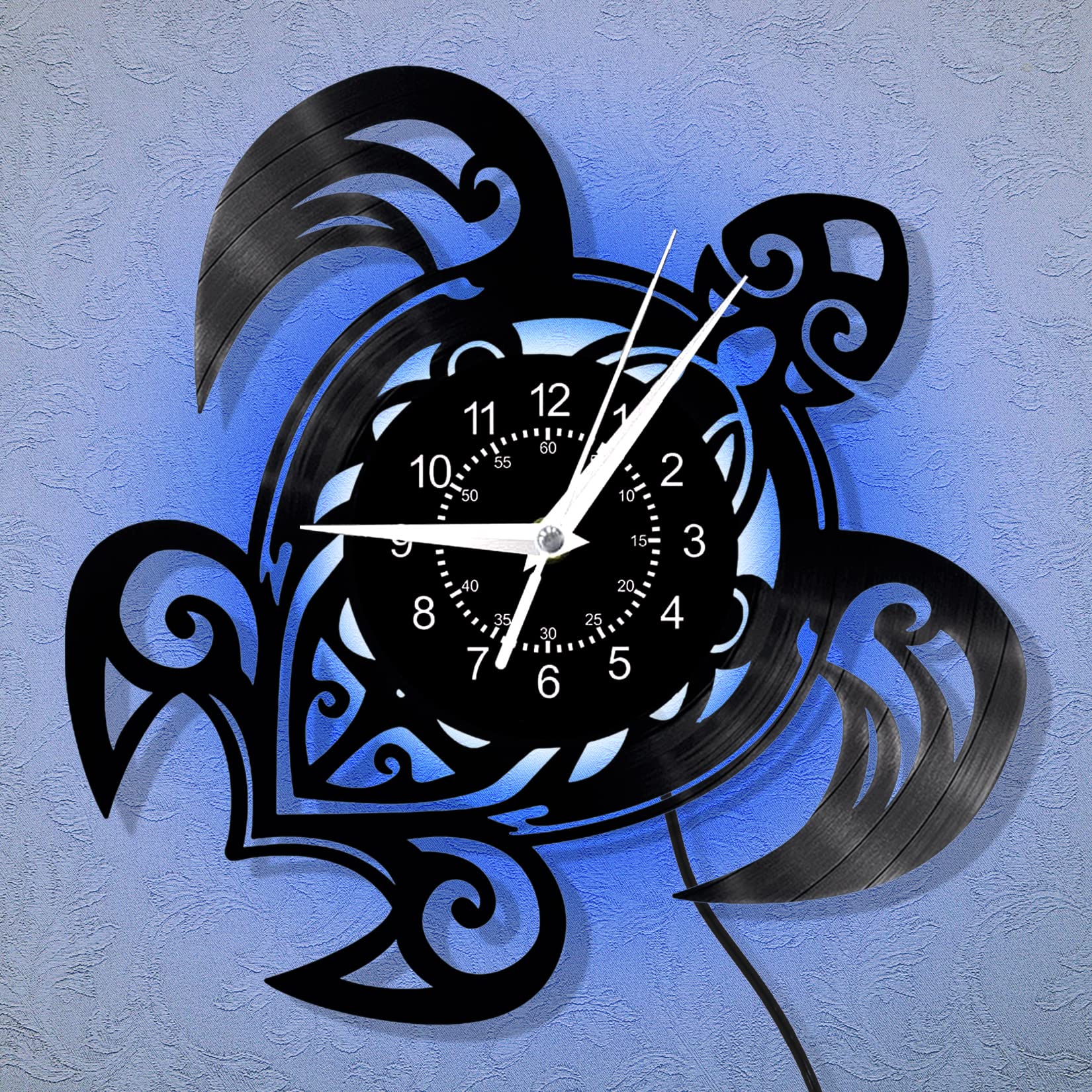 Sea Turtle Unique Clock Vintage Decor Gifts, 12 Inch Cute Ocean Animals Vinyl Record Room Decor LED Wall Clocks, 7 Color Lighted Beach Theme Home Decorations Lamp