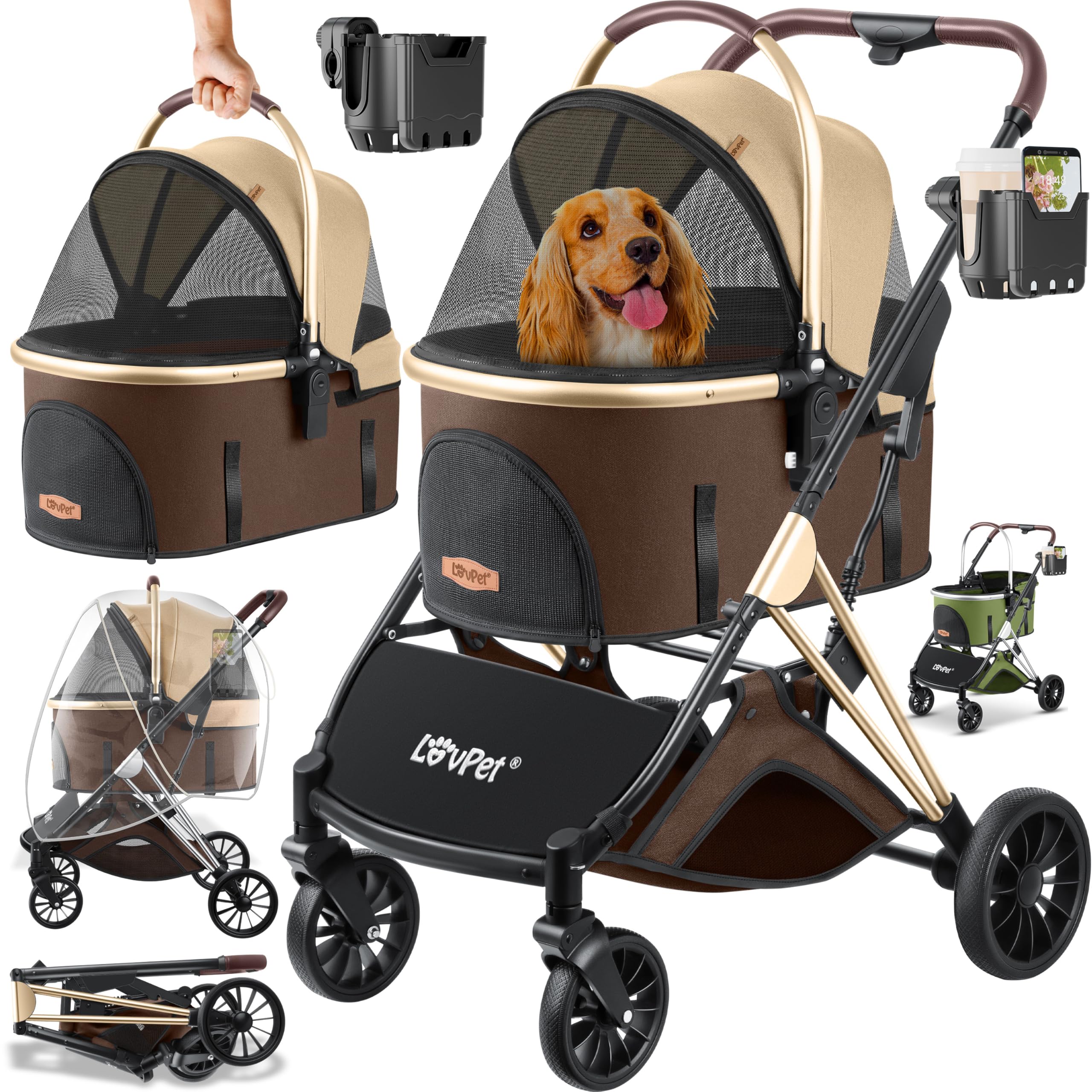 LOVPET® Cochecito para Perros y Gatos 3en1 Carrito Plegable | Transporte Bolsa 360° Ruedas Grandes | Transportín para Mascotas, Red & Cubierta para la lluvia, Jogger