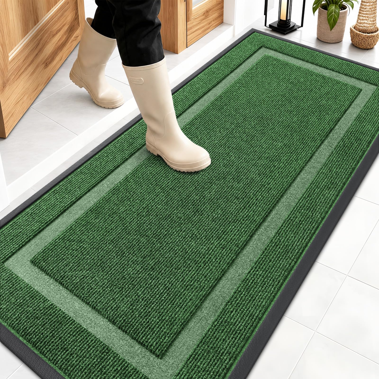 OLANLY Front Door Mat Outside 59x23, All-Season Heavy-Duty Rubber Doormat | Green, Absorbent, Stain and Fade Resistant, Waterproof Non-Slip Backing, Low-Profile Indoor Outdoor Floor Mat for Entryway