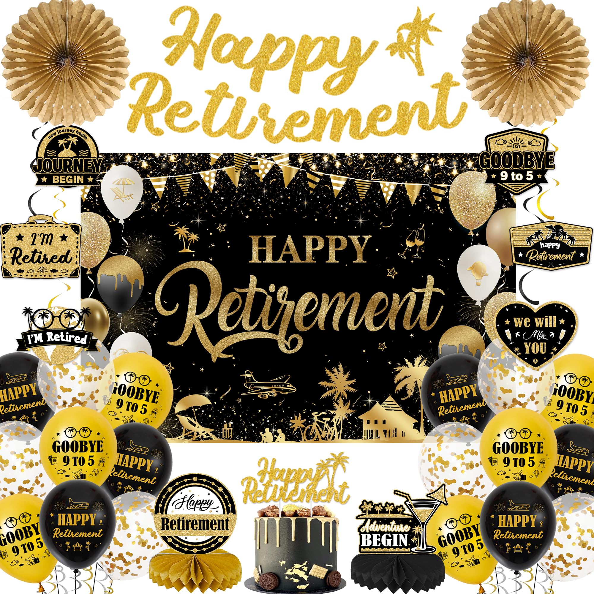 Happy Retirement Decorations Banners Set - Black Gold Backdrop Banner Kit with Balloons Cake Topper, Retired Hanging Paper Fan and Honeycomb for Office Farewell Party Supplies