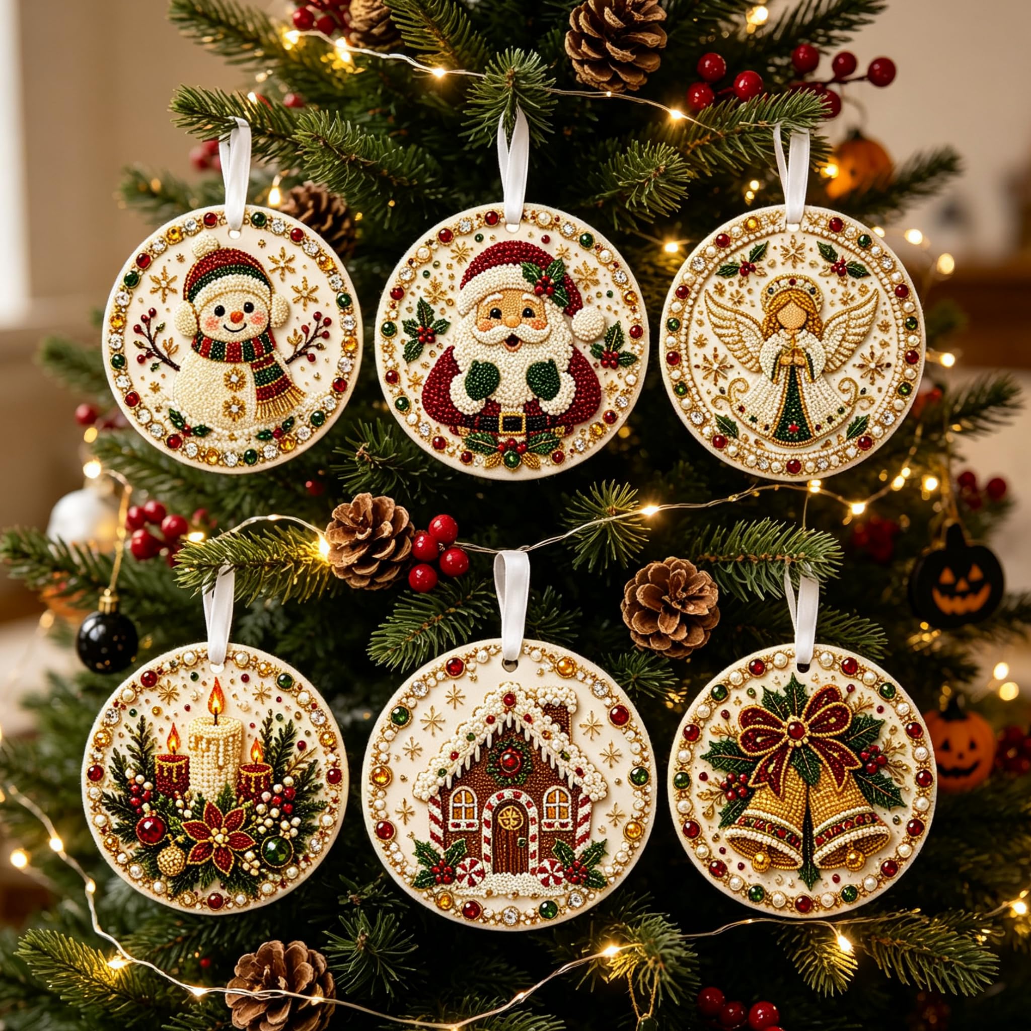 Pearl Art Christmas Ornament Kit, 6 PCS DIY Diamond Art Hanging Ornaments Set For Adults, Bead Christmas Tree Decor With Dotting Pen And Lanyard, Holiday Party Handmade Gift For Xmas Decoration