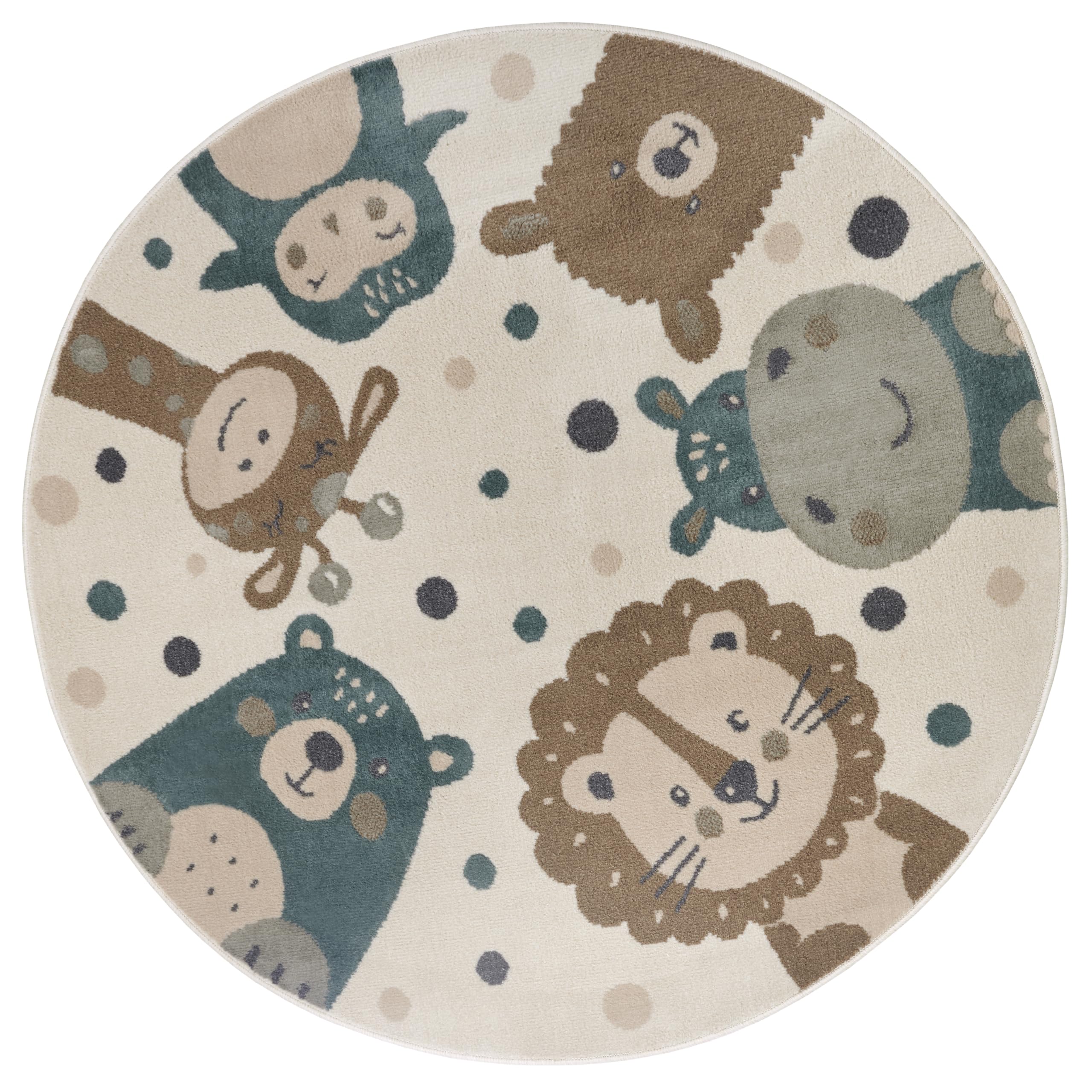 Hanse Home Adventures Alfombra Infantil Redonda, diseño de Animales, león y Oso, para habitación de los niños, Sala de Juegos, habitación Juvenil, salón, Color Crema, marrón y Azul, 100 cm OEKO-TEX STANDARD 100