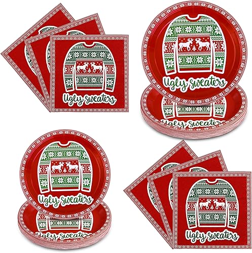 Aneco Juego de vajilla de papel de suéter feo de Navidad, suministros para fiestas, platos de papel desechables y servilletas para otoño, juego de