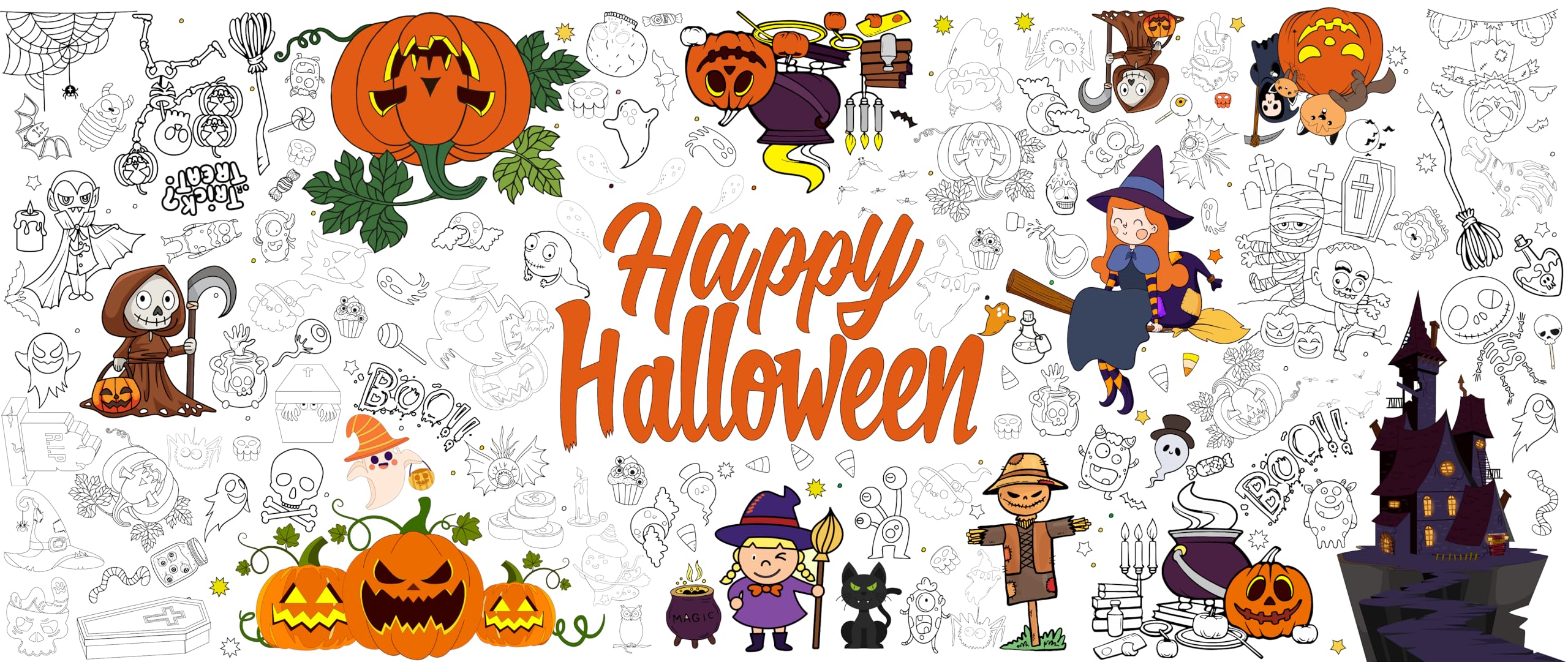 Tbsone Halloween Coloring Tablecloth Poster for Kids – 72 * 30 Inch Giant Coloring Table Cloth for Halloween Crafts Activities, Fun DIY Art Supplies