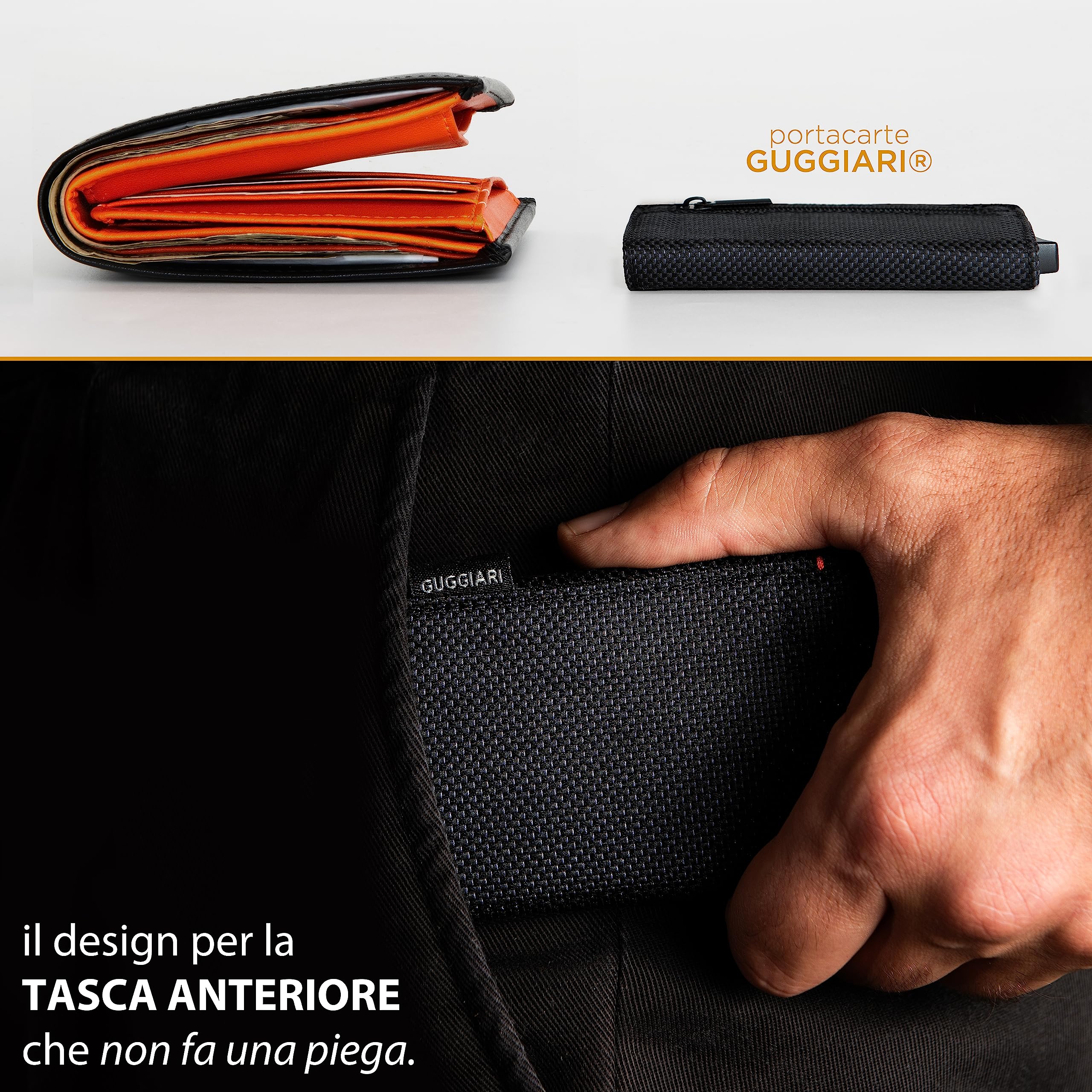 GUGGIARI® Porta Carte Credito Uomo - Portacarte RFID in Alluminio con Porta Monete e Tasca di Cortesia con Chiusura Magnetica - Portafoglio Uomo Slim - Black Carbon