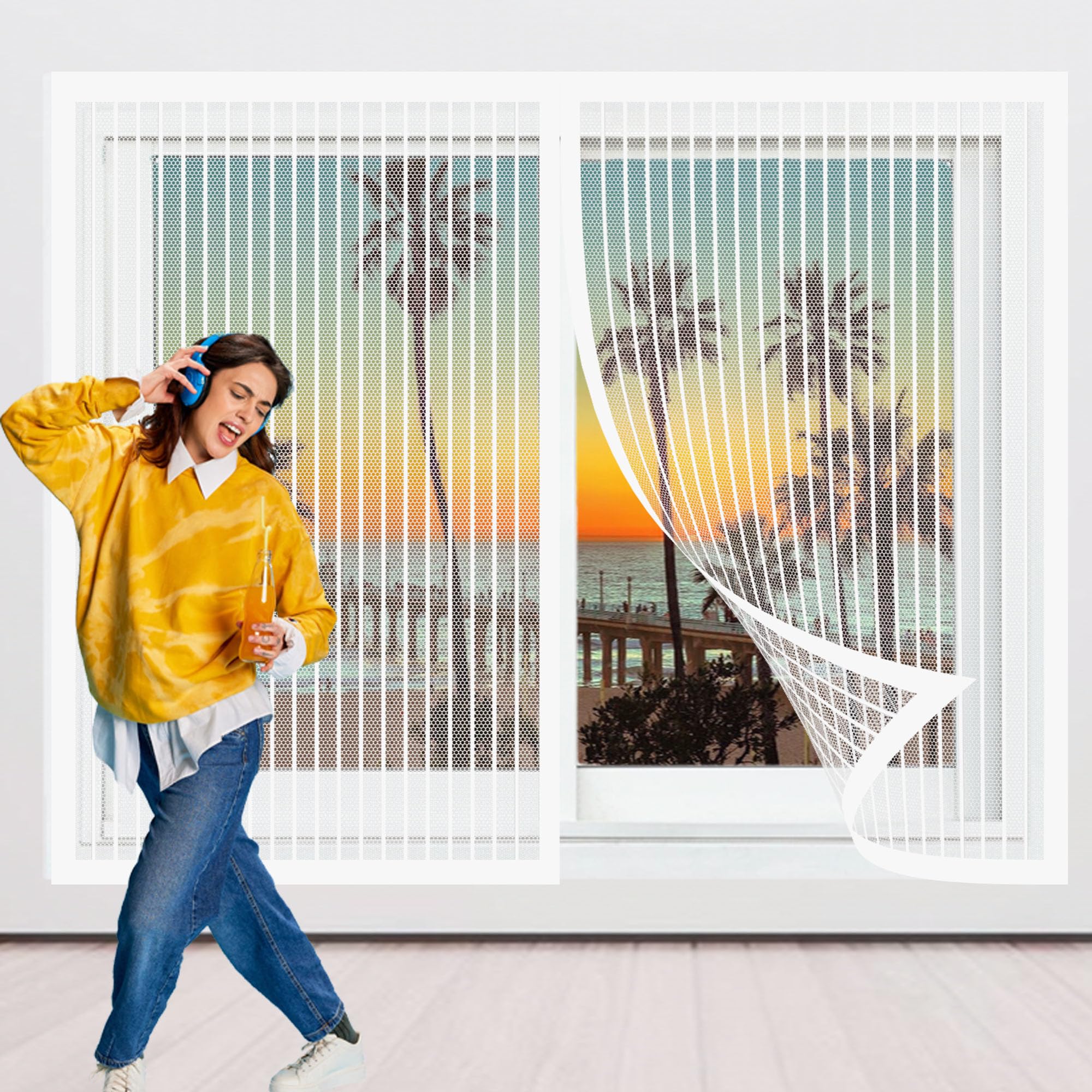 Pingsanl White Fly Screen Mosquito Net For Window 105 X 112 Cm Reinforced Mesh Curtain Entry Door Mesh Without Drilling Shuts Automatically For Covering Windows And Doors,