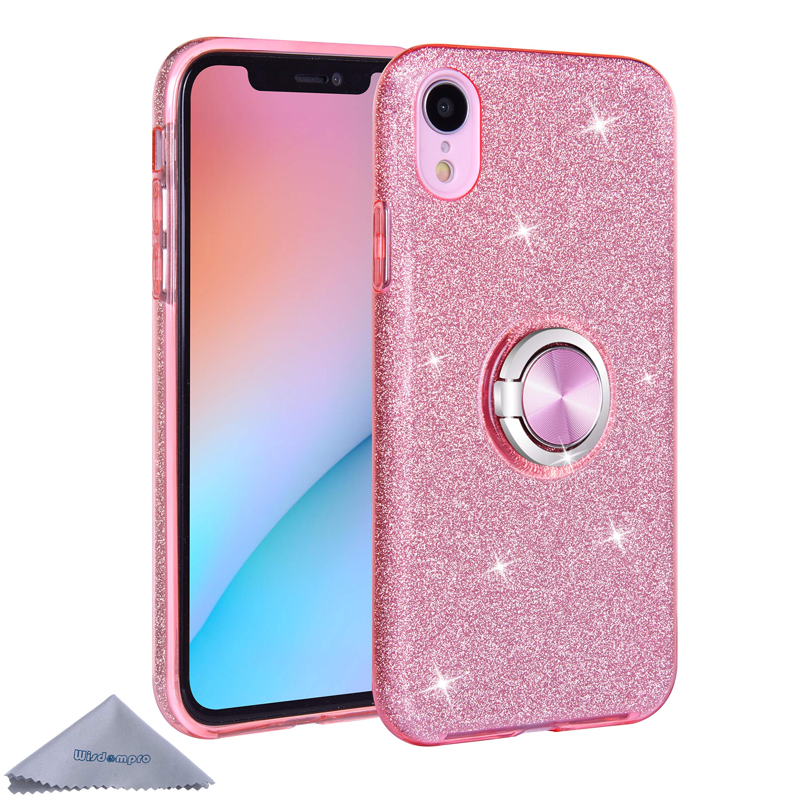 Wisdompro Case for iPhone XR, Cute Glitter Bling Sparkle Protective Case with Ring Kickstand, Women Girls Phone Case for 6.1 Inch Apple iPhone XR - Pink