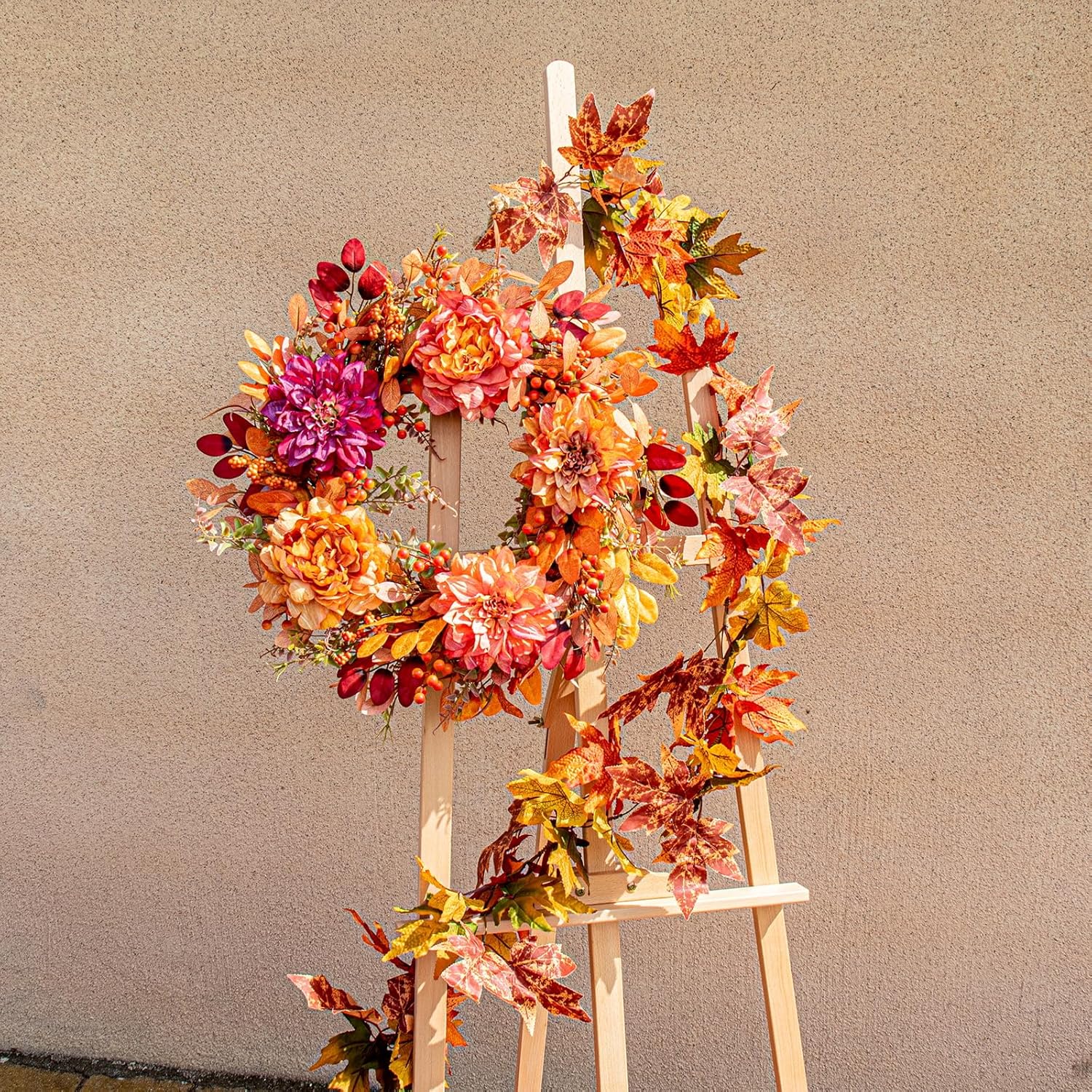 VioletEverGarden Fall Wreath for Front Door 22 Inch Autumn Wreaths Artificial Thanksgiving Wreath with 5 Colors Dahlia Berries and Eucalyptus for Indoor Outdoor Harvest Festival Holiday Decorations