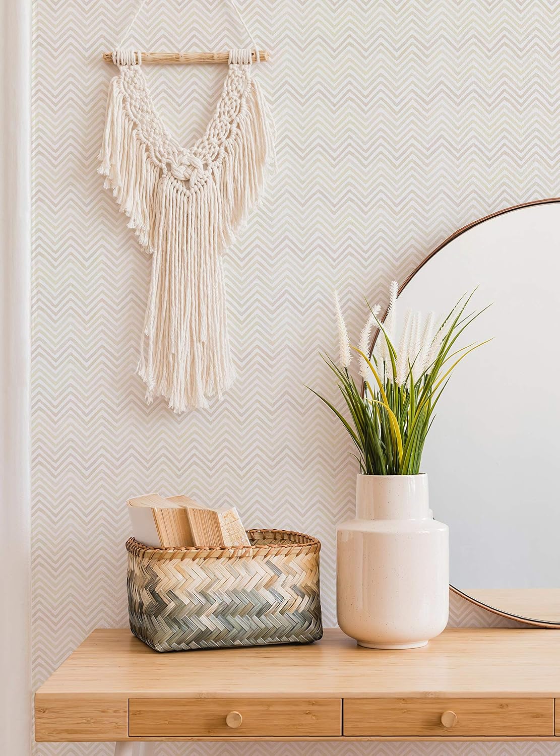 Simple Shapes Watercolor Chevron Wallpaper - Peel and Stick (Single Sheet - 2ft x 9ft, Barely Beige)