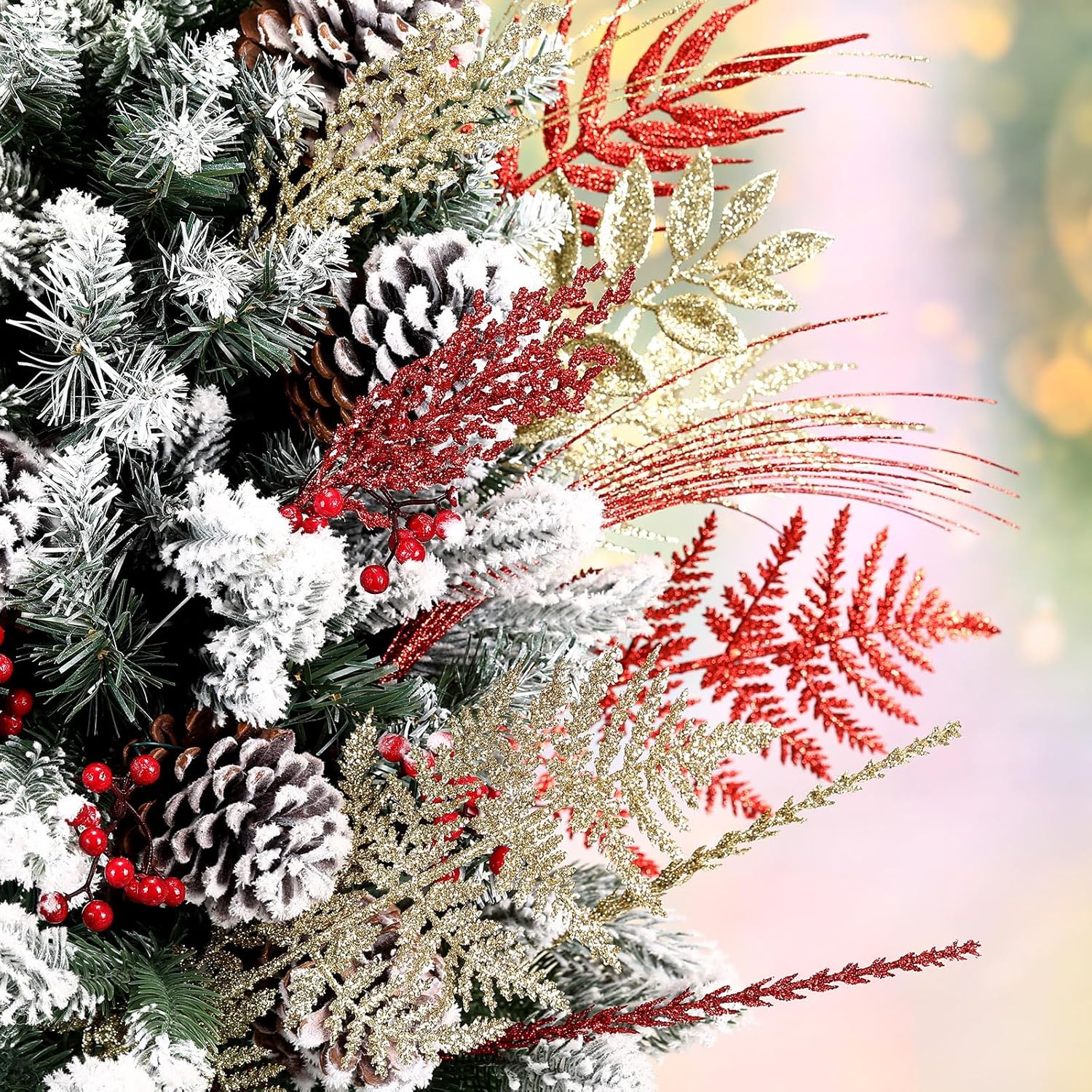 50 Pcs Red and Gold Christmas Tree Picks and Sprays Xmas Tree Topper Glitter Pine Twigs Faux Glittery Branch Stems for Christmas Vase Wreath Decoration DIY Craft Supplies