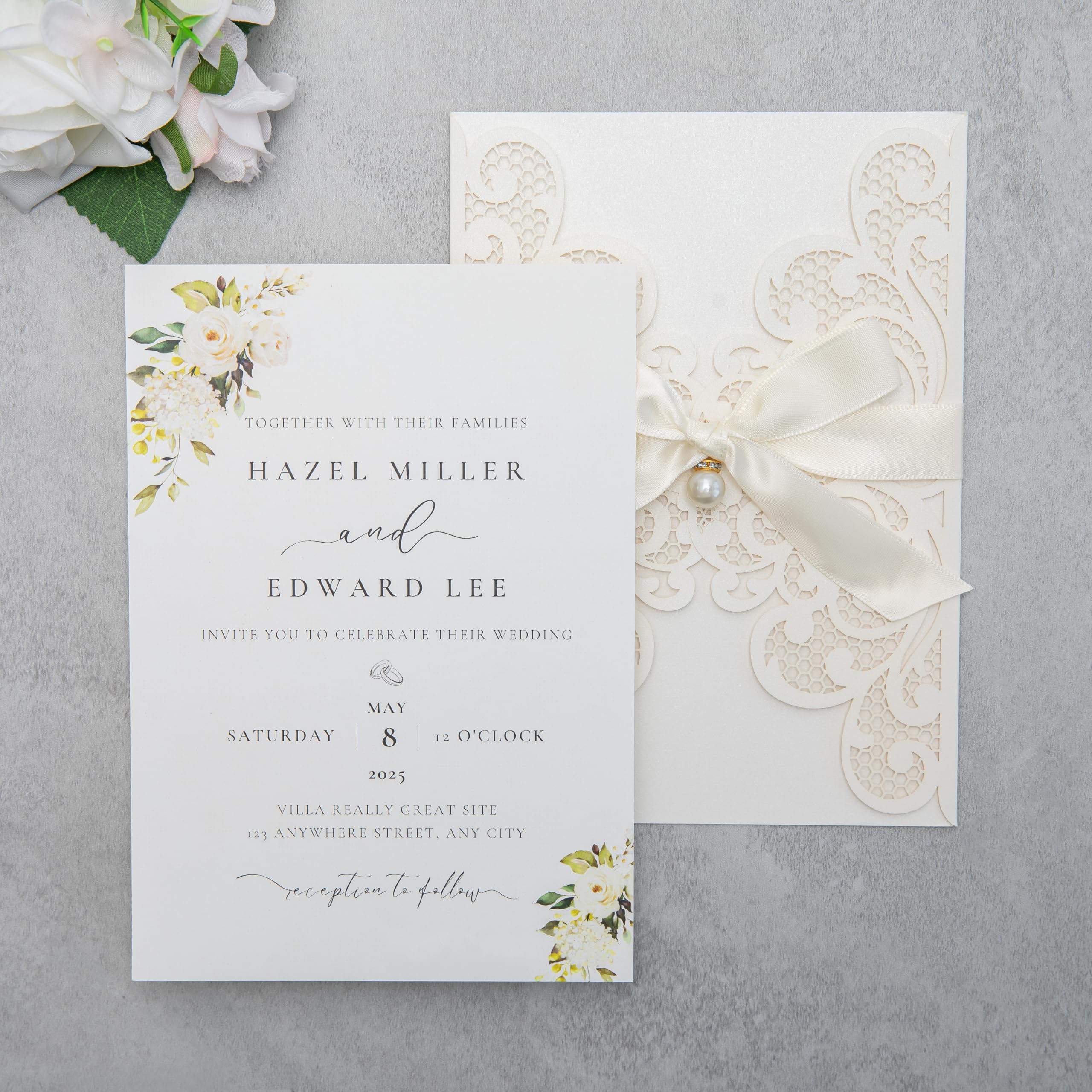 FEIYI 20Pcs Personalized Wedding Invitation, Customized Ivory Laser Cut Invitation Cards With Envelopes Rhinestone Pearls and Ribbons For Wedding XV