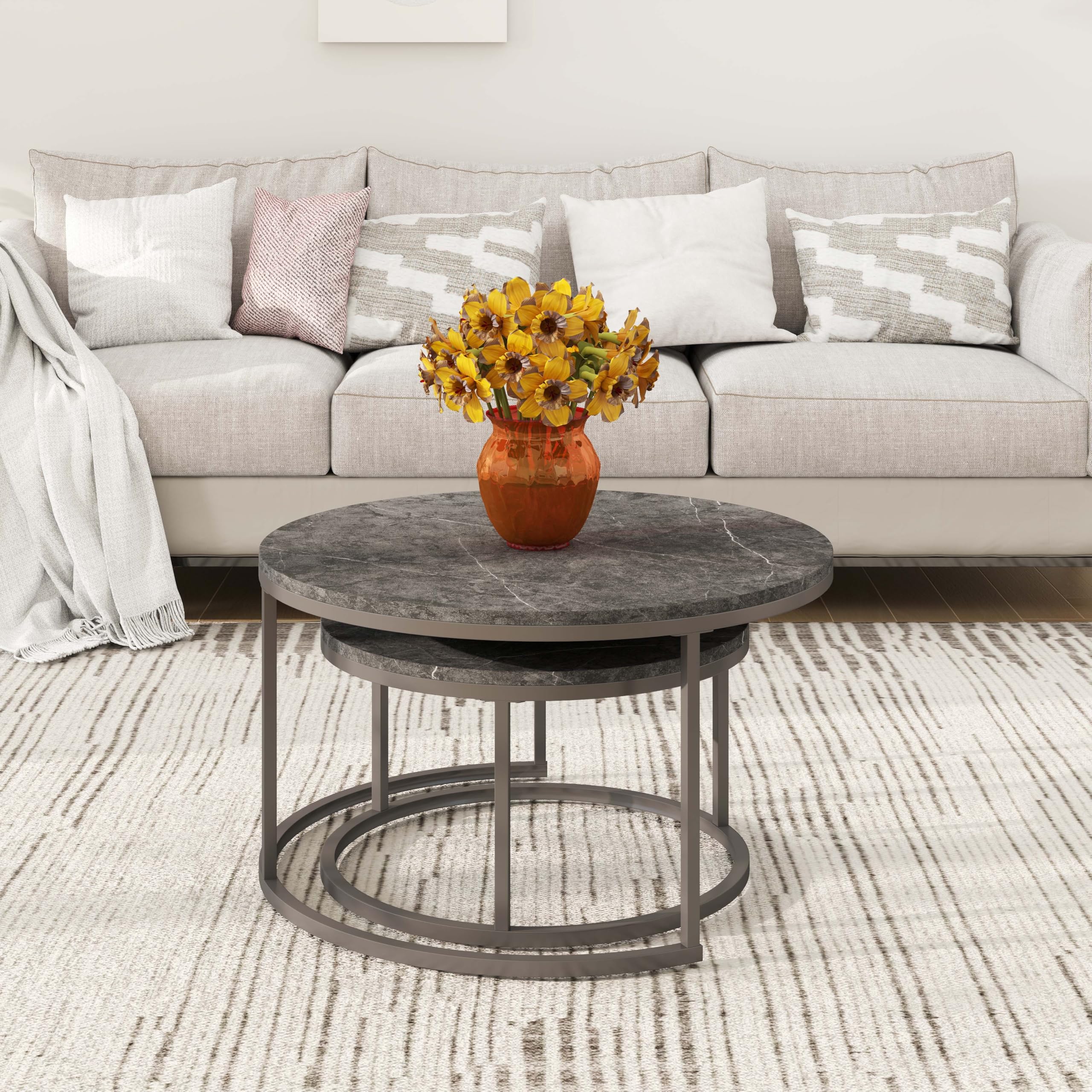 hitsuki Couchtisch Rund 2er Set, Marmor Couchtisch Grau Metallgestell Wohnzimmertisch Grau, Beistelltisch Metall，Satztische fürs Wohnzimmer, Schlafzimmer, Balkon (Schwarz & Schwarz)
