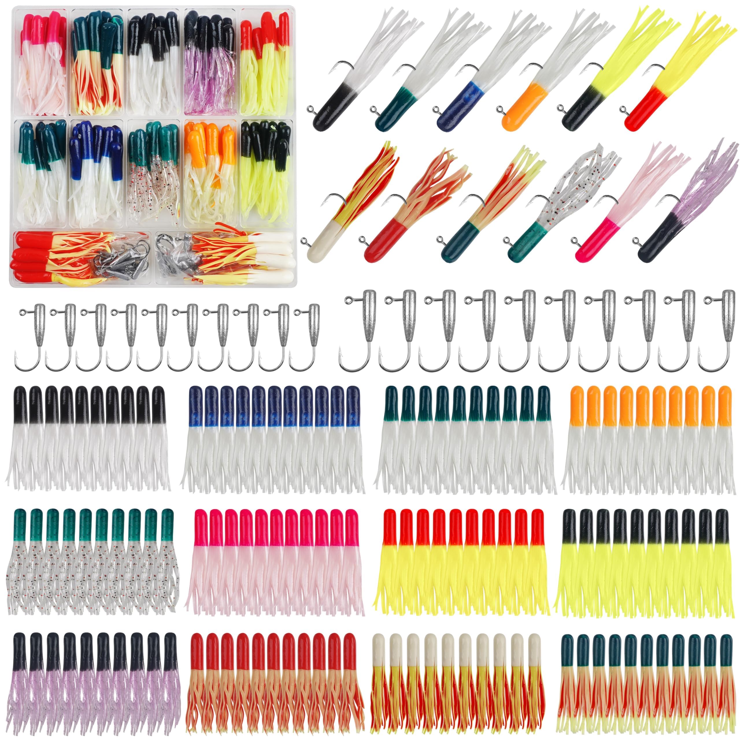 Grub Fishing Lures Jig Heads Hooks Kit, Crappie Lures Tube Baits Soft Worms Grub Tail Crappie Jigs Fishing Hooks for Bass Trout Bluegill Panfish