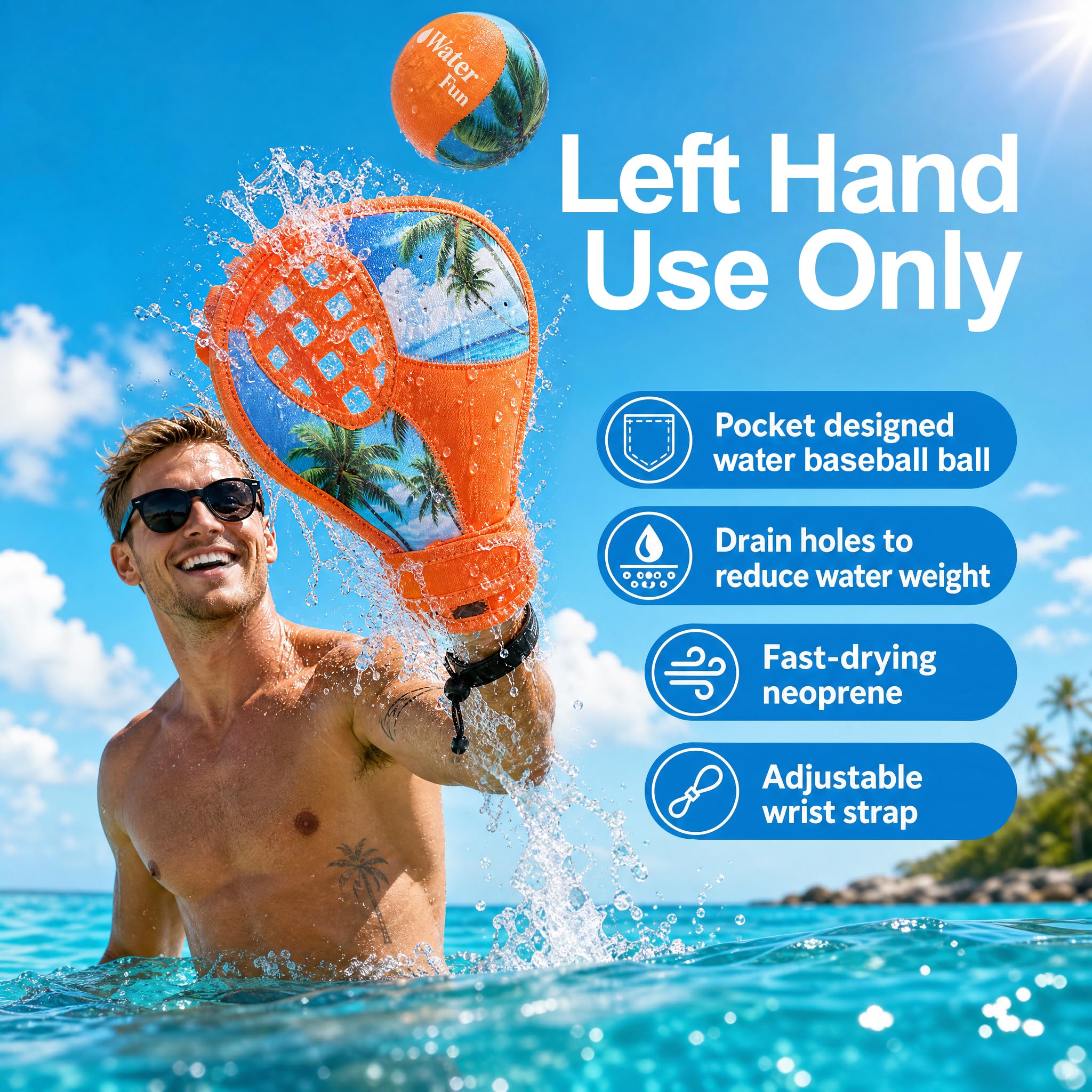 Set di guanti da baseball per acqua, gioco in piscina e in spiaggia con 1 palla rimbalzante e 2 guanti di cattura, cinturino da polso regolabile ambidestro, fori di scarico ad asciugatura