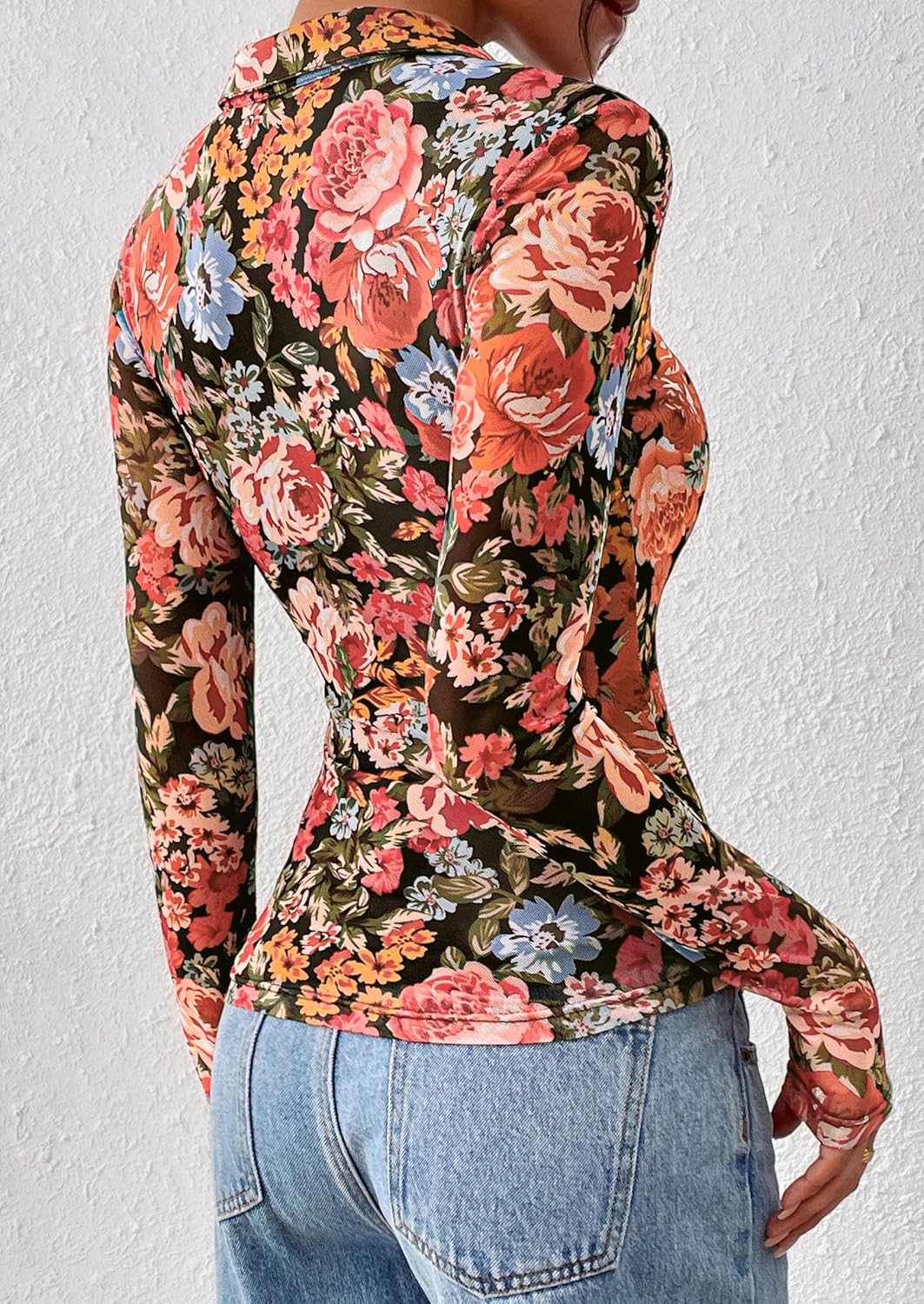 PRETTYGARDEN Women Button Down Floral Shirts 2026 Fall Trendy Long Sleeve V Neck Mesh Boho Blouse Spring Tops Date Outfits - Image 5