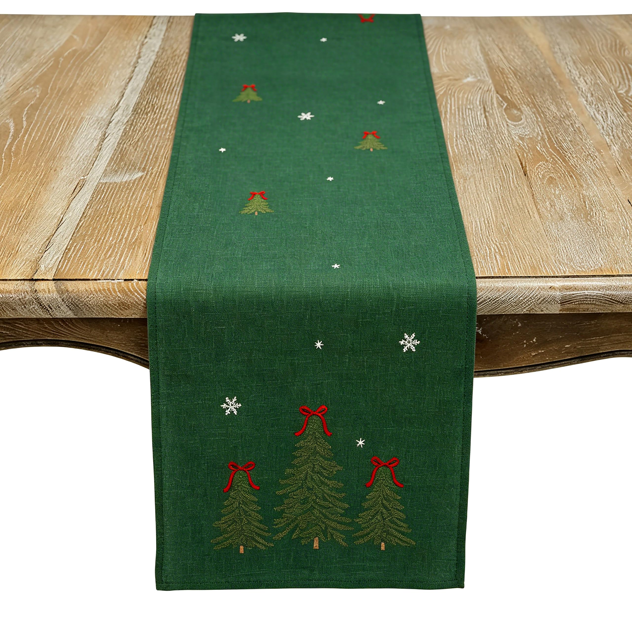 SARO LIFESTYLE Embroidered Christmas Tree Table Runner - Holiday Table Runner with Snowflake Accents and Bow-Topped Evergreen Design for Festive Dining Tables and Seasonal Entertaining, 16"x68", Green