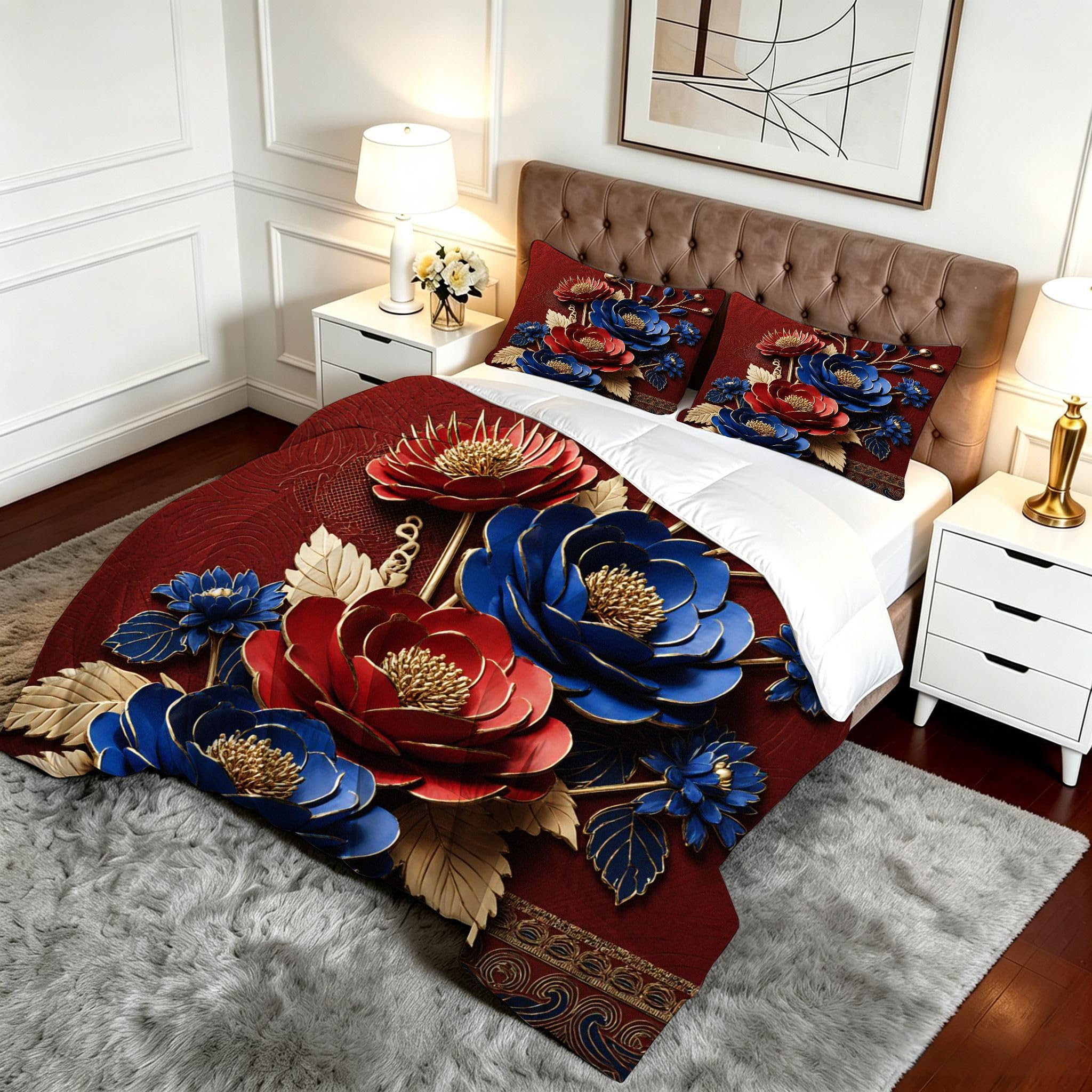 Edredón Cama 105, 200x200 cm, Peonías Rojas, CQ1234