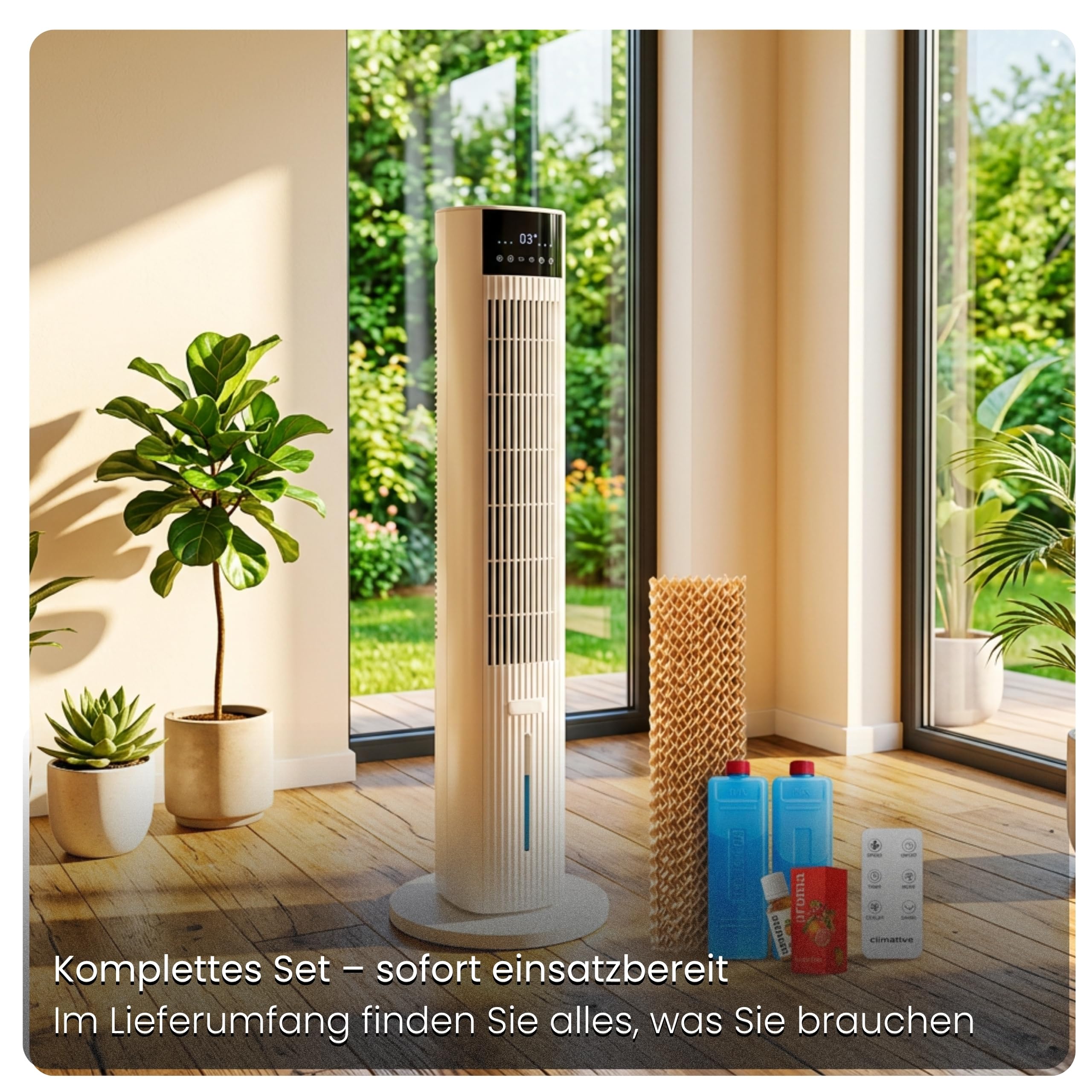 Ventilator mit Wasserkühlung CoolAir, WiFi, 5L, 2x Kühlakkus, 65W, Oszillation, Cooler Fan, Verdunstungskühler, Turmventilator mit Kühlung, Luftkühler, Standventilator, Raumkühler