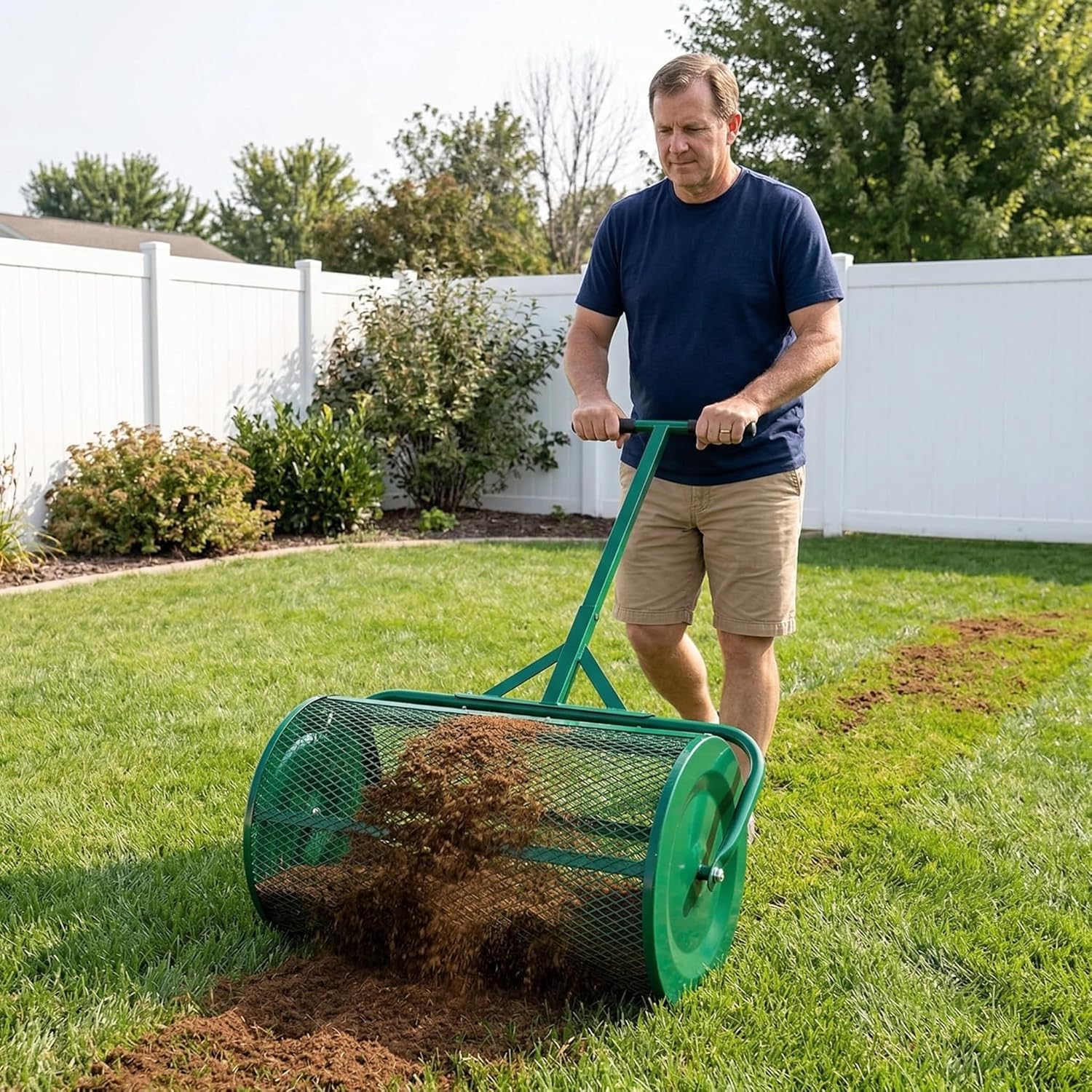 Compost and Peat Moss Spreader Roller, 24 Inch, Heavy-Duty Powder-Coated Steel, Upgraded Side Clasps for Durability, Lawn and Garden Top Dressing Spreader for Topsoil, Sand, Mulch, Manure