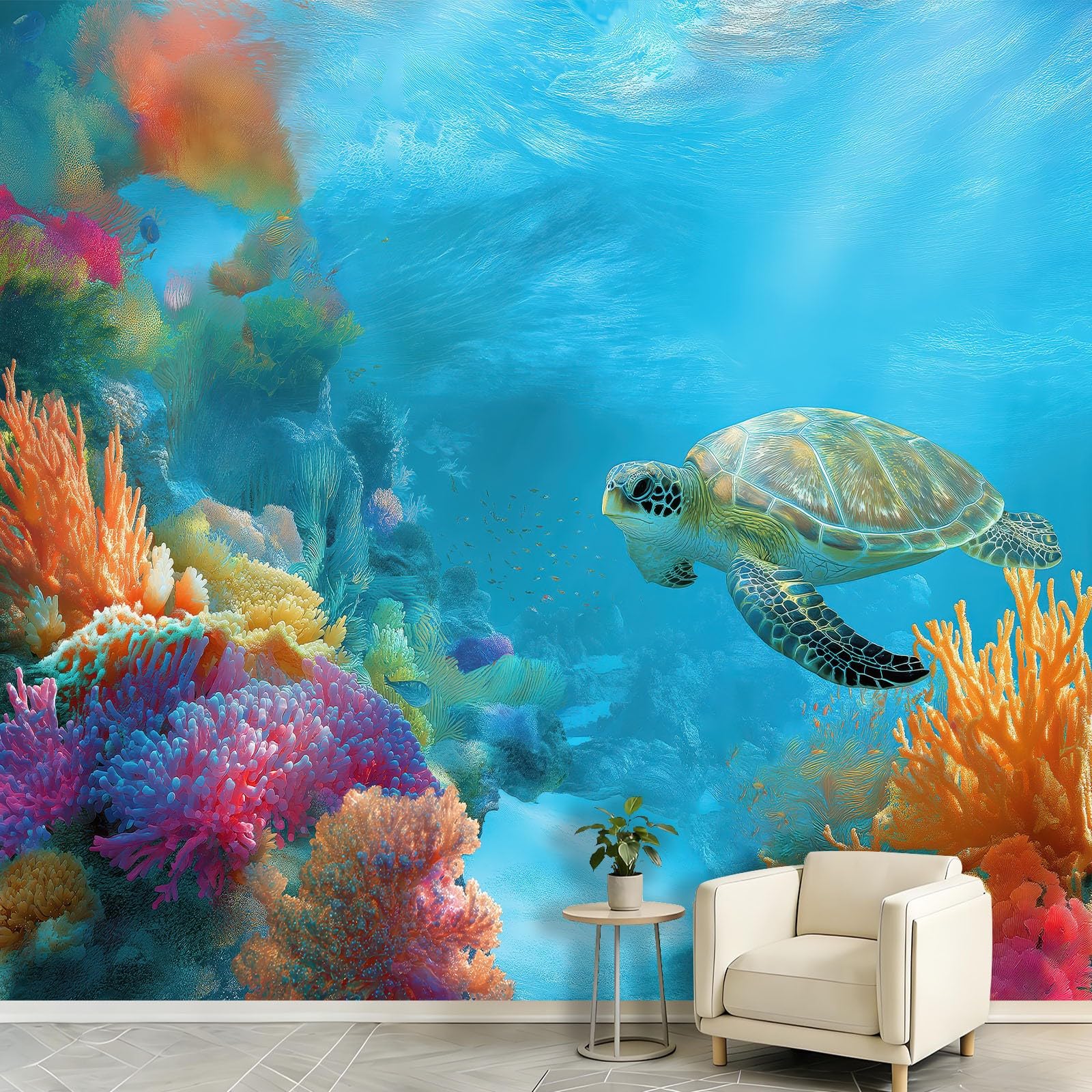 Panoramiczna tapeta 3D fantazyjne stworzenia ozean plakat ścienny, zwierzęta żółw morze rafa koralowa ławka ryba tapeta z włókniny do salonu pokoju dziecięcego i biura Sofa tło telewizora 350 x 256 cm