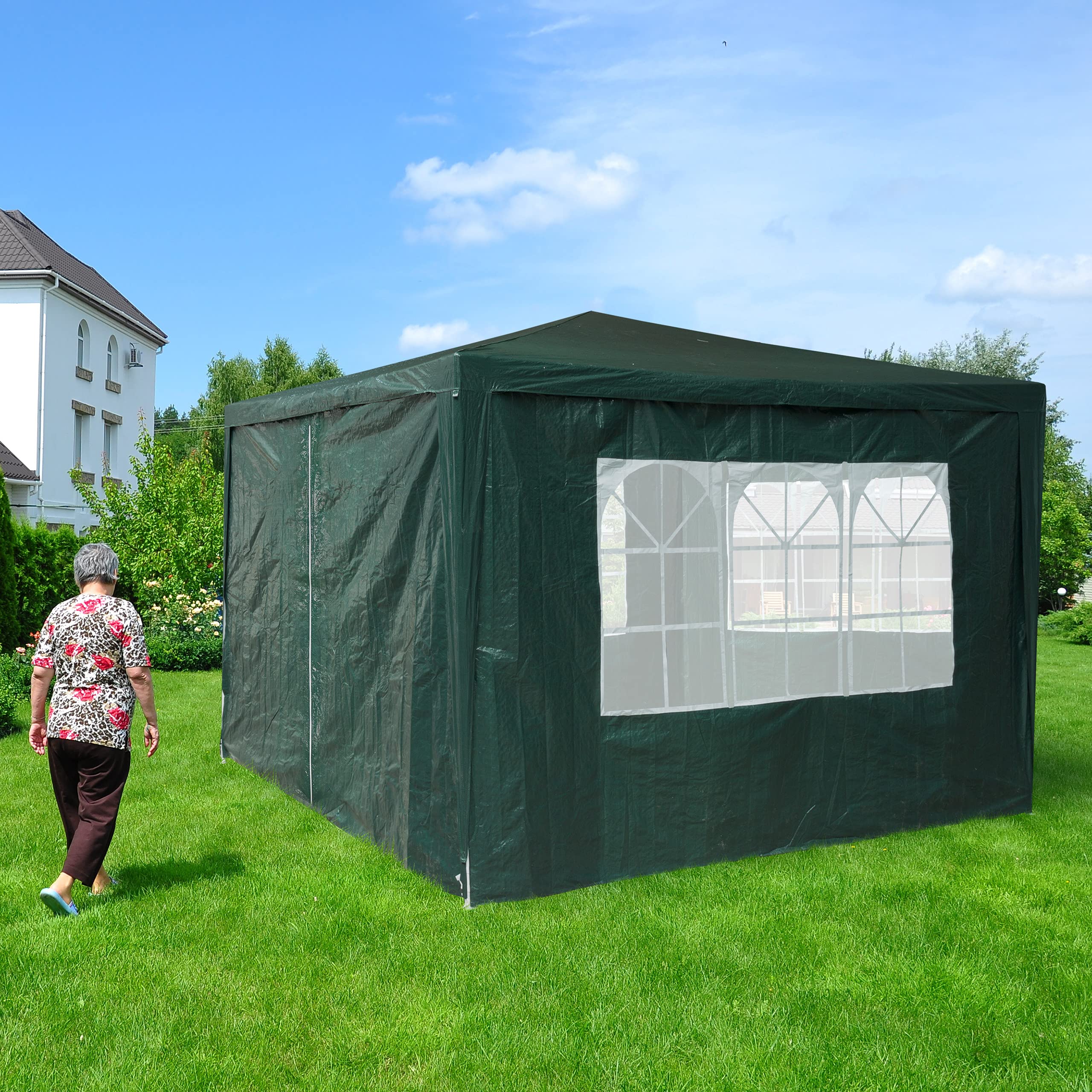 Relaxdays Tende per Gazebo Laterali, Set da 4, Telo Impermeabile in PVC, Pareti 3x2 m, 3 con Finestre, Parasole, Verde