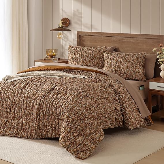 Queen Comforter Set-7 Pieces Brown Classic Puff Floral Bedding Sets for All Seasons,Shabby Chic Farmhouse Bed in a Bag Queen with Wildflowers Comforter,Sheets, Pillowcases & Shams