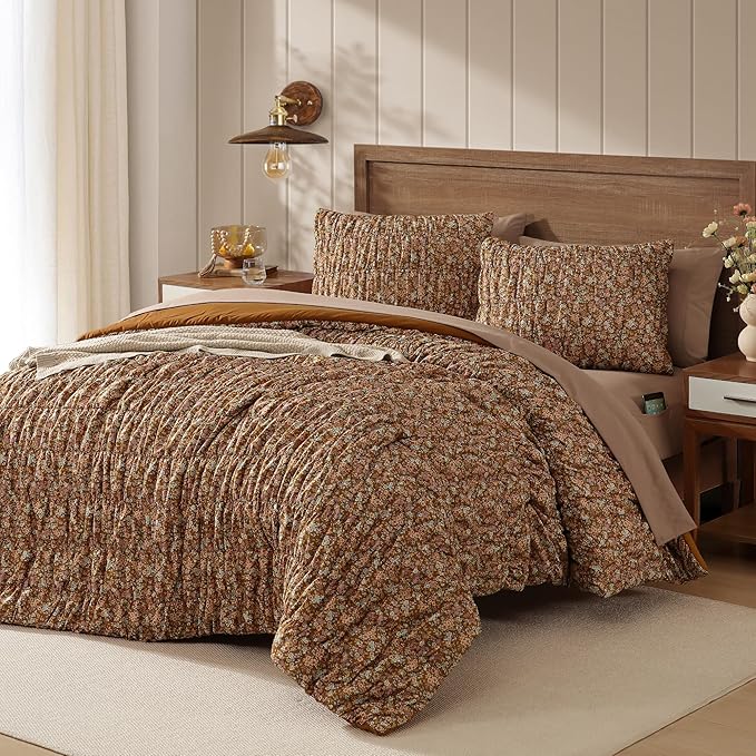 Queen Comforter Set-7 Pieces Brown Classic Puff Floral Bedding Sets for All Seasons,Shabby Chic Farmhouse Bed in a Bag Queen with Wildflowers Comforter,Sheets, Pillowcases & Shams