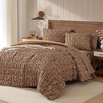 Queen Comforter Set-7 Pieces Brown Classic Puff Floral Bedding Sets for All Seasons,Shabby Chic Farmhouse Bed in a Bag Queen with Wildflowers Comforter,Sheets, Pillowcases & Shams